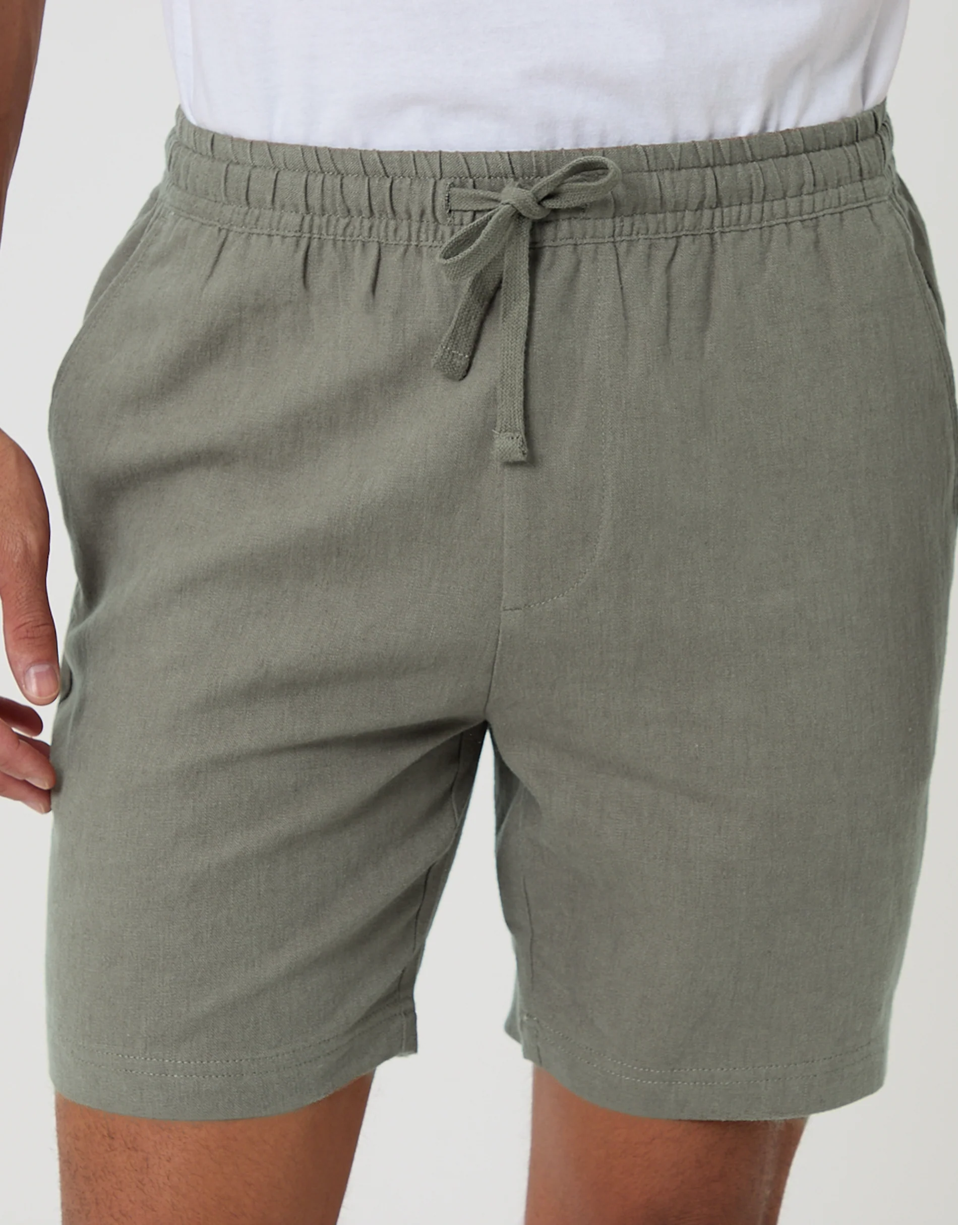 Shorter Length Elasticated Waist Linen Blend Shorts in Sage Green - Image 4