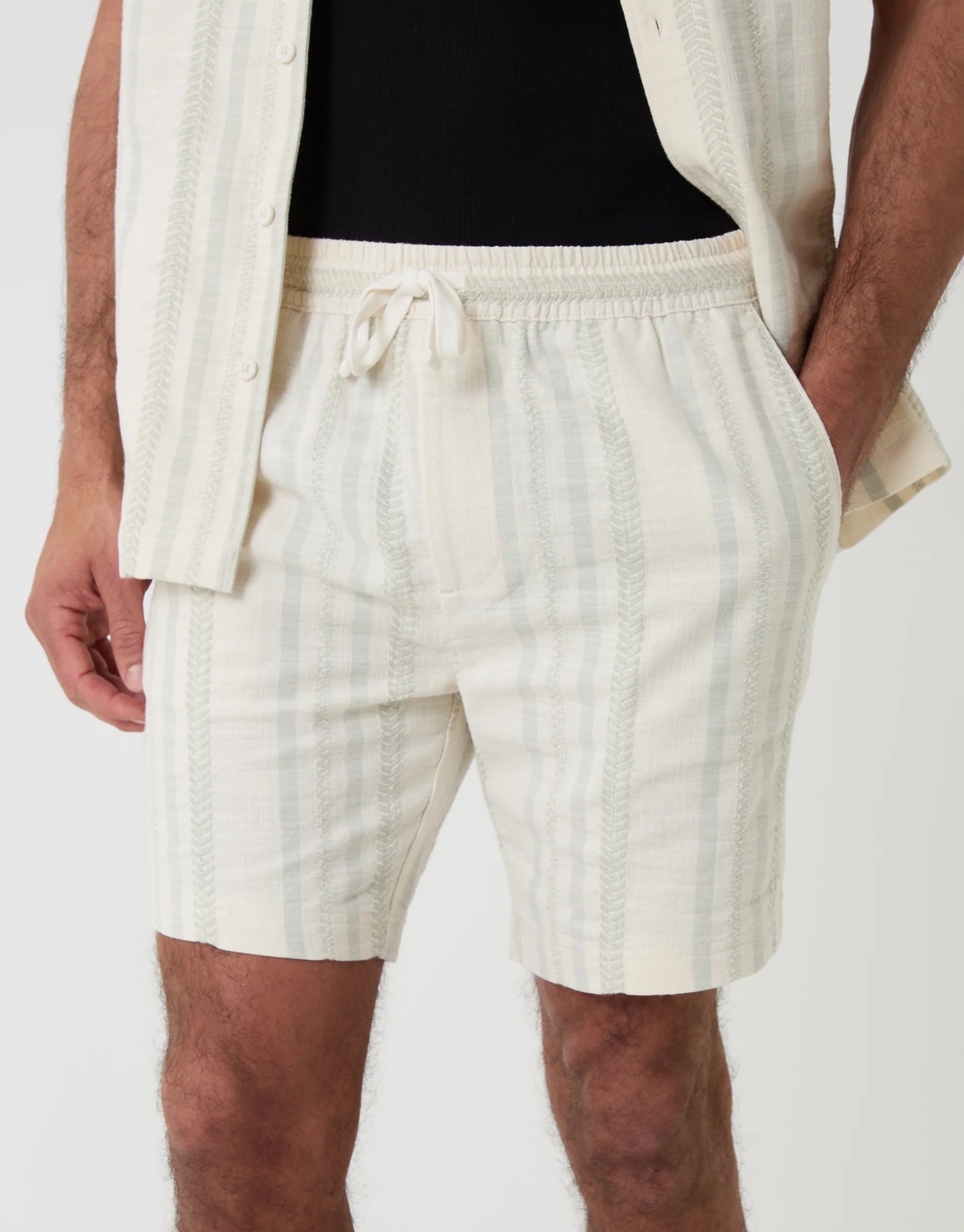 Shorter Length Geometric Textured Cotton Shorts in Sage Green Stripe - Image 4