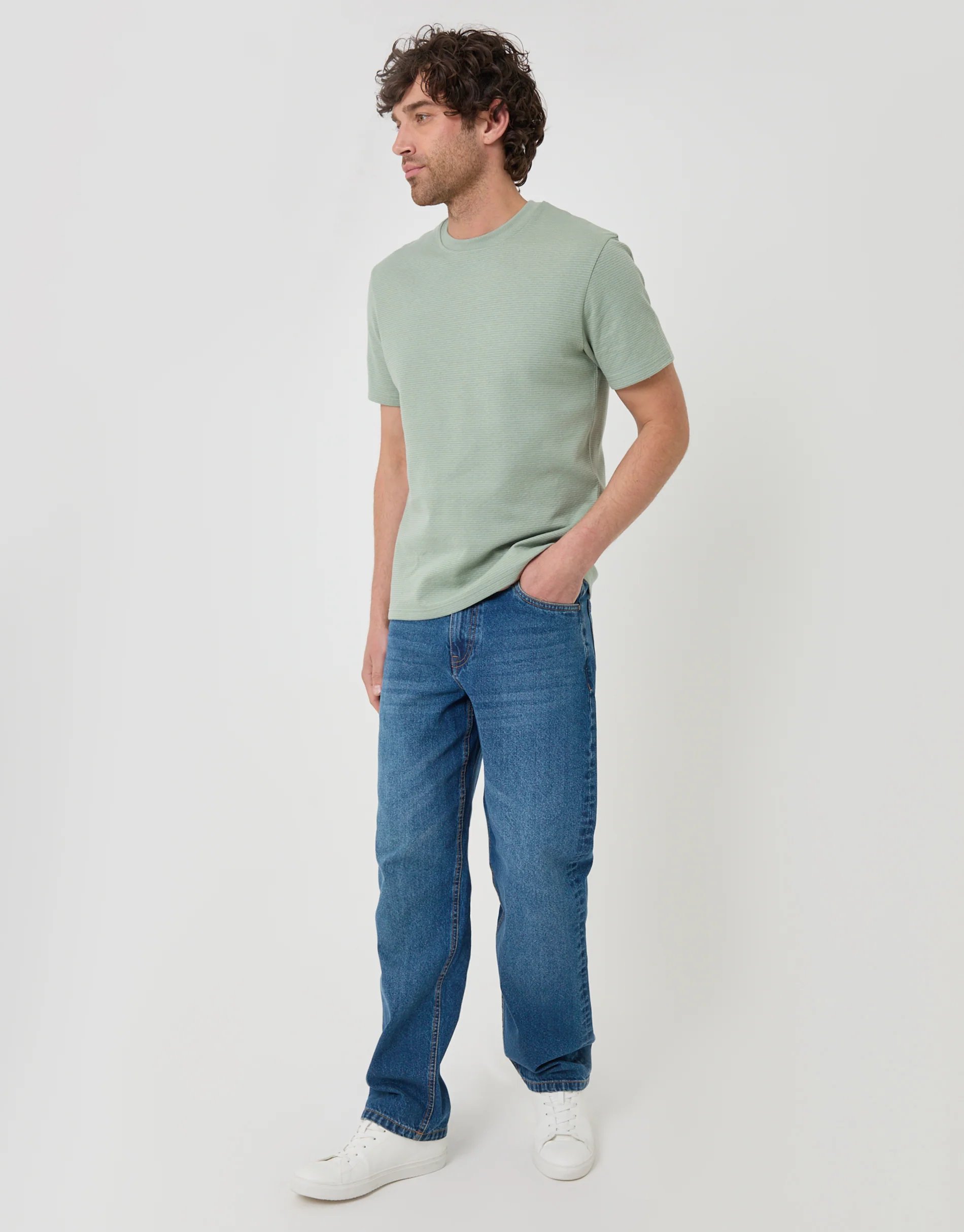 Textured Crew Neck T-Shirt in Sage Green - Image 3