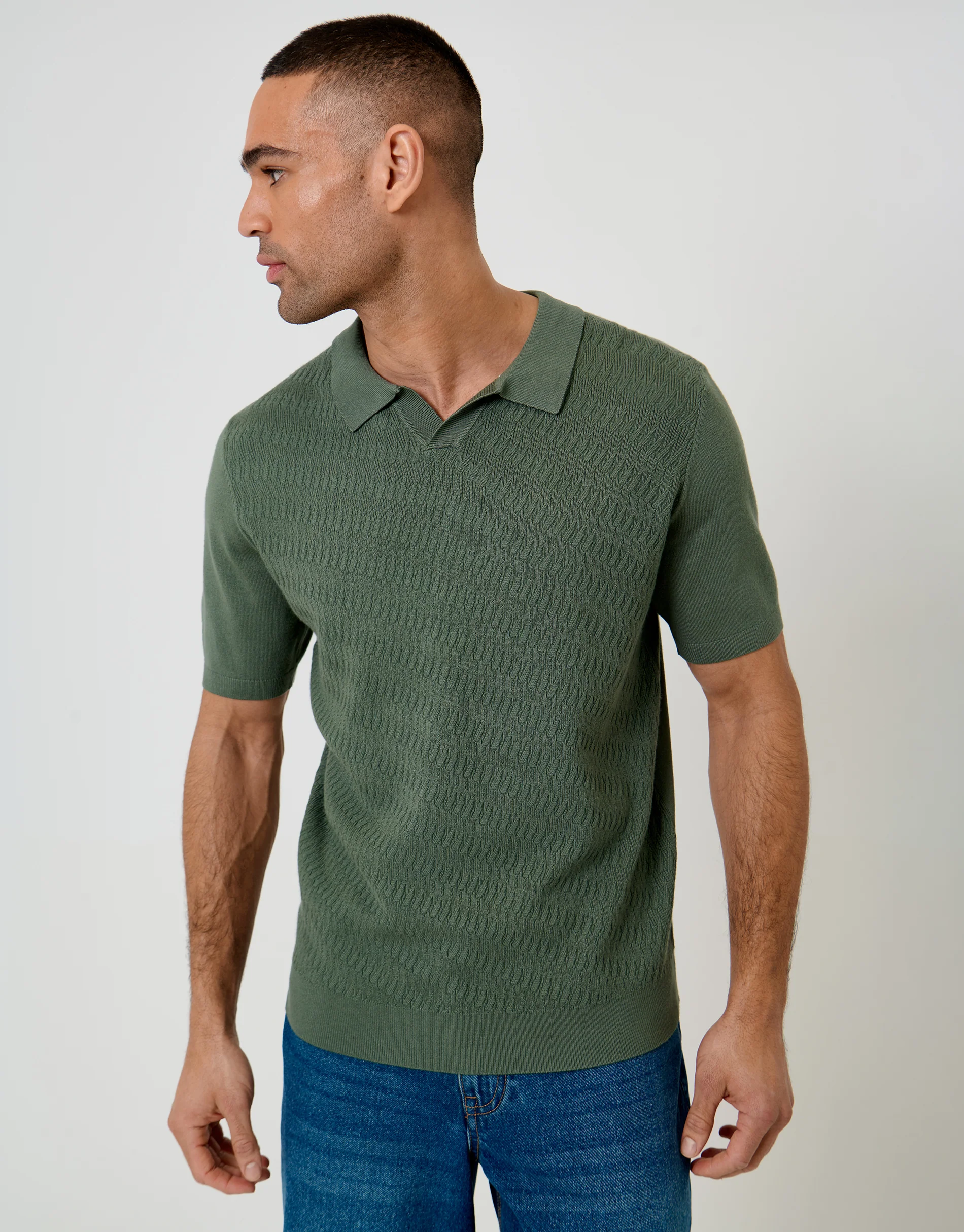 Textured Knit Front Trophy Neck Polo in Forest Green