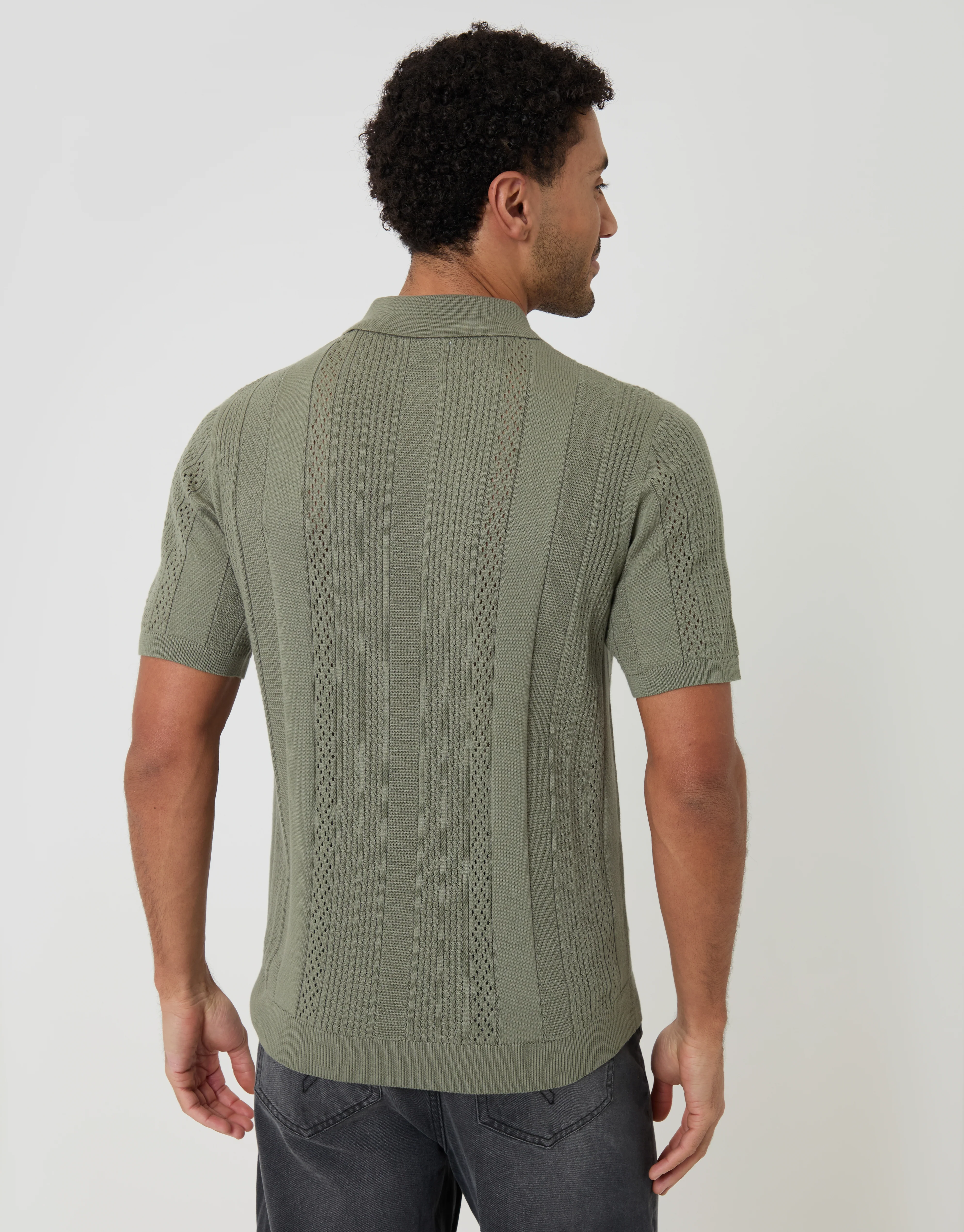 Textured Stripe Knitted Polo in Sage Green - Image 2