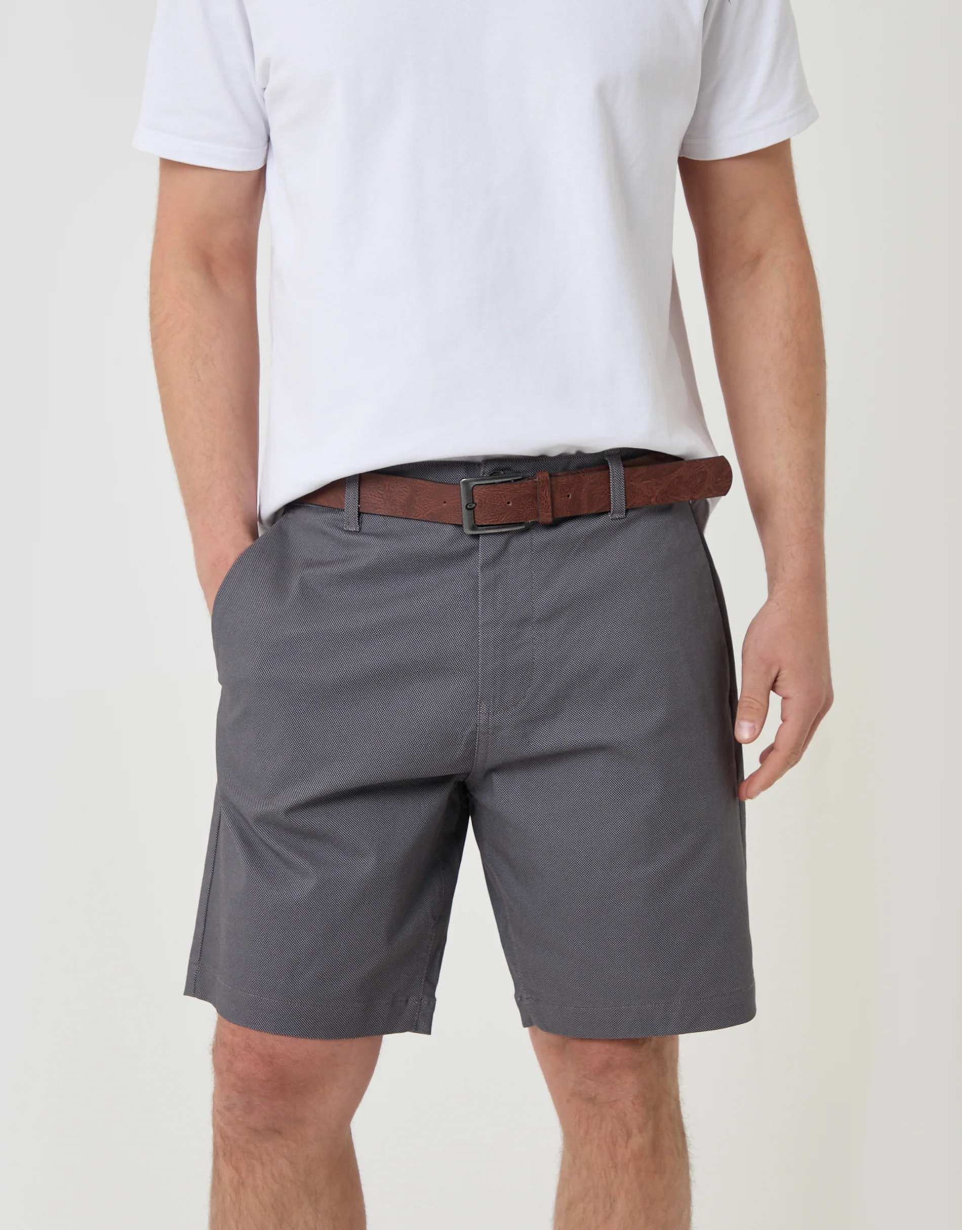 Regular Fit Patterned Stretch Chino Shorts with Belt in Slate Grey - Image 4