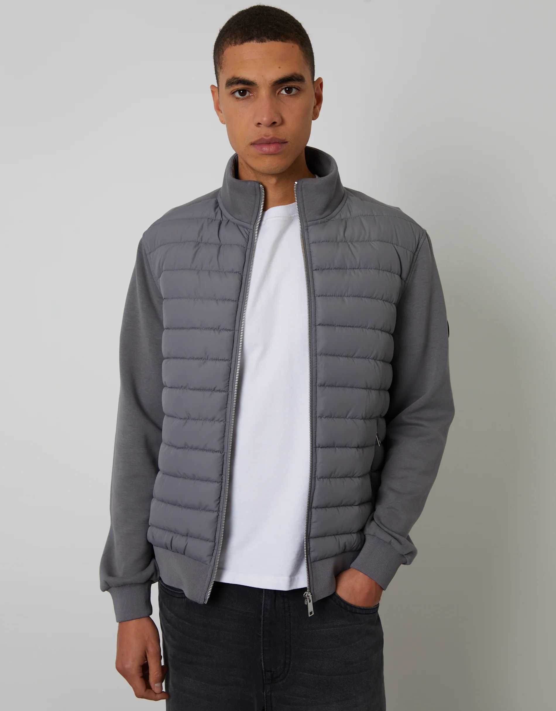 Quilted Hybrid Funnel Neck Jacket in Slate Grey