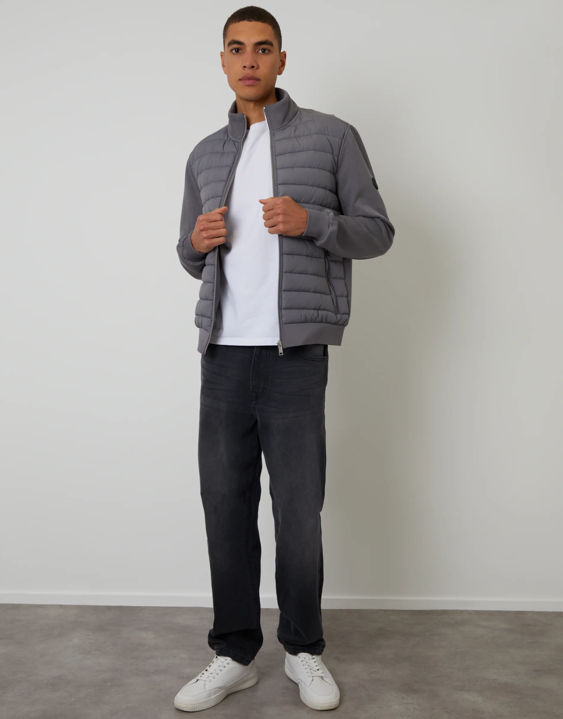 Quilted Hybrid Funnel Neck Jacket in Slate Grey - Image 3