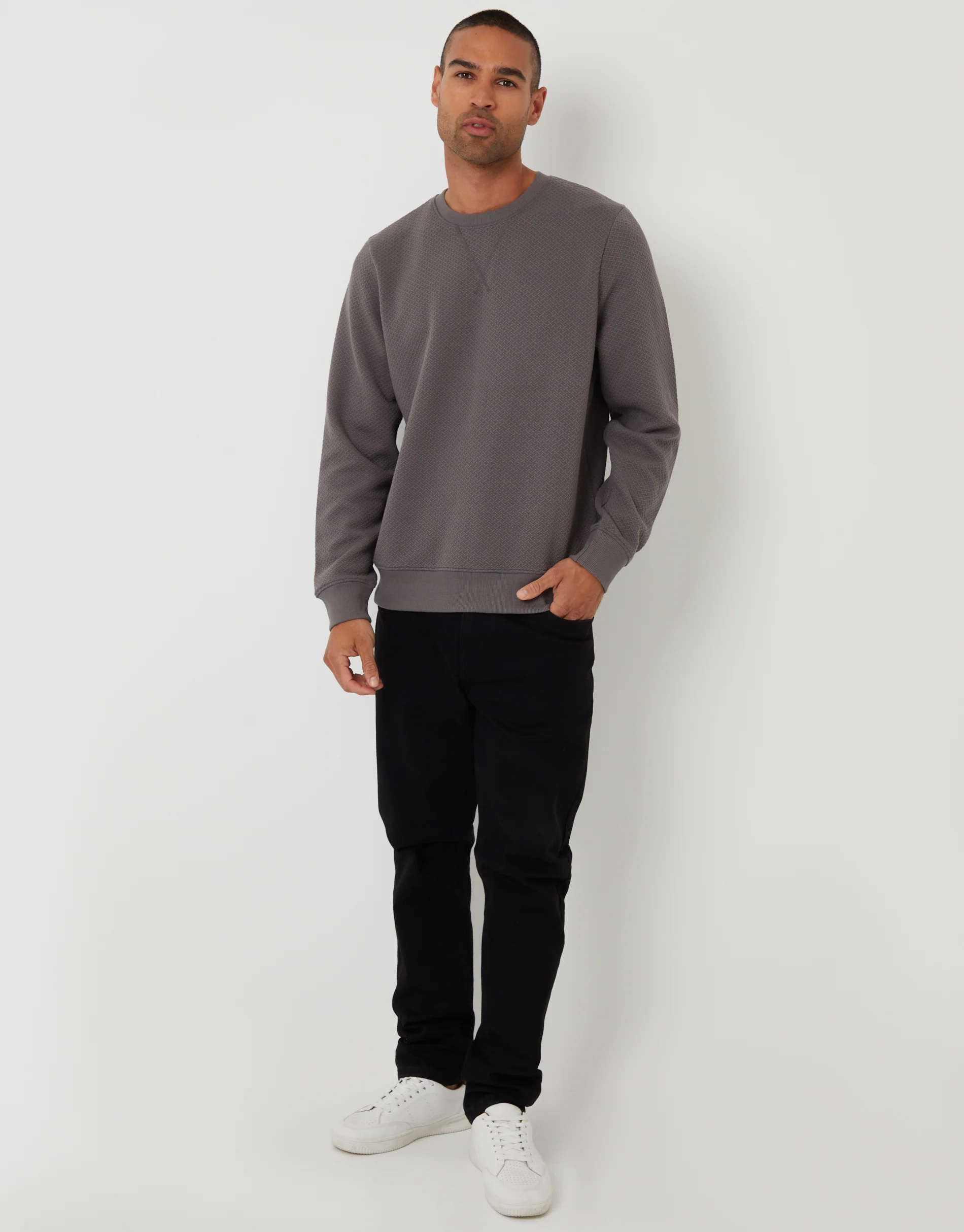 Relaxed Fit Rib Textured Crew Neck Sweatshirt in Slate Grey - Image 3