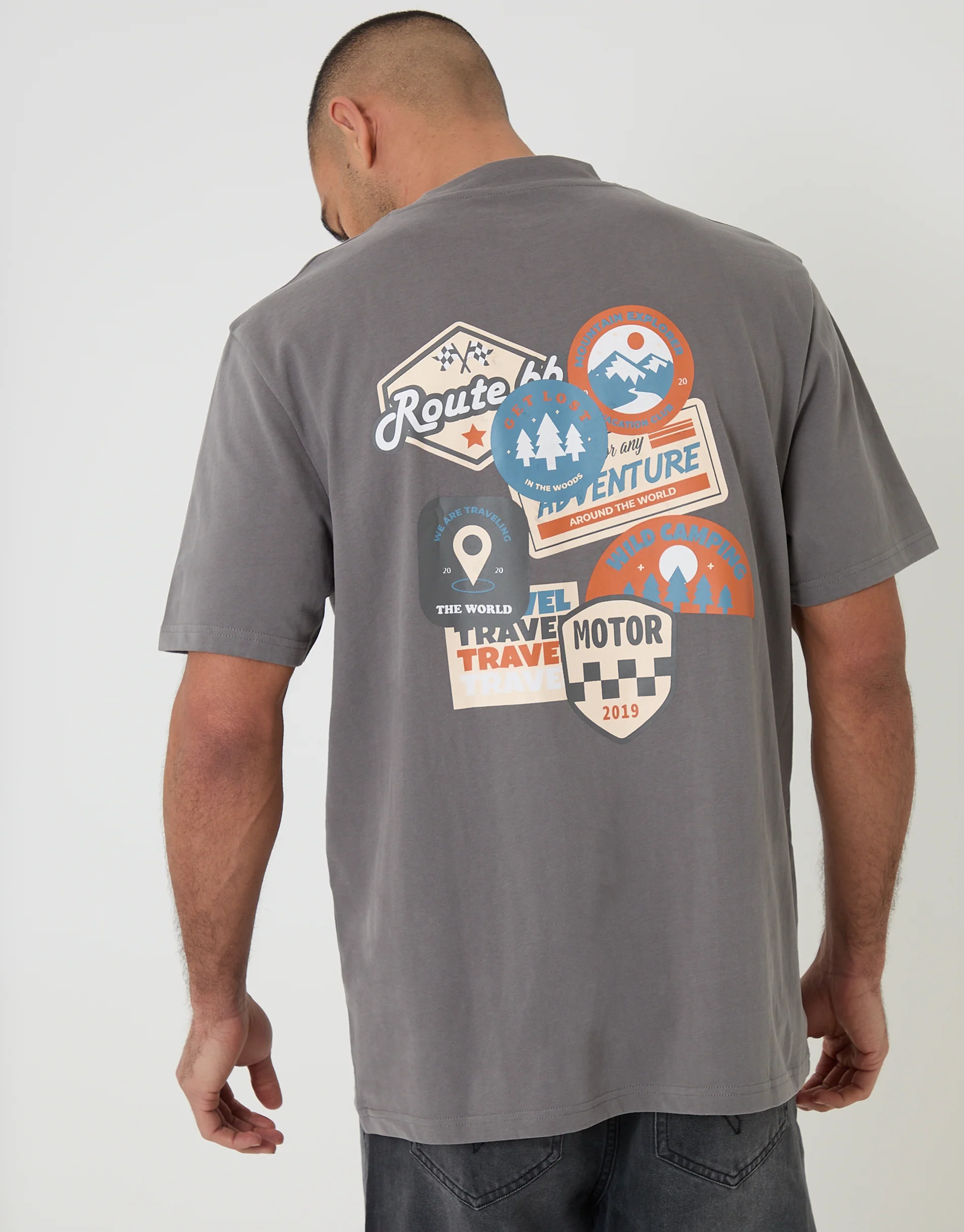 Relaxed Fit Road Trip Peached Cotton T-Shirt in Slate Grey