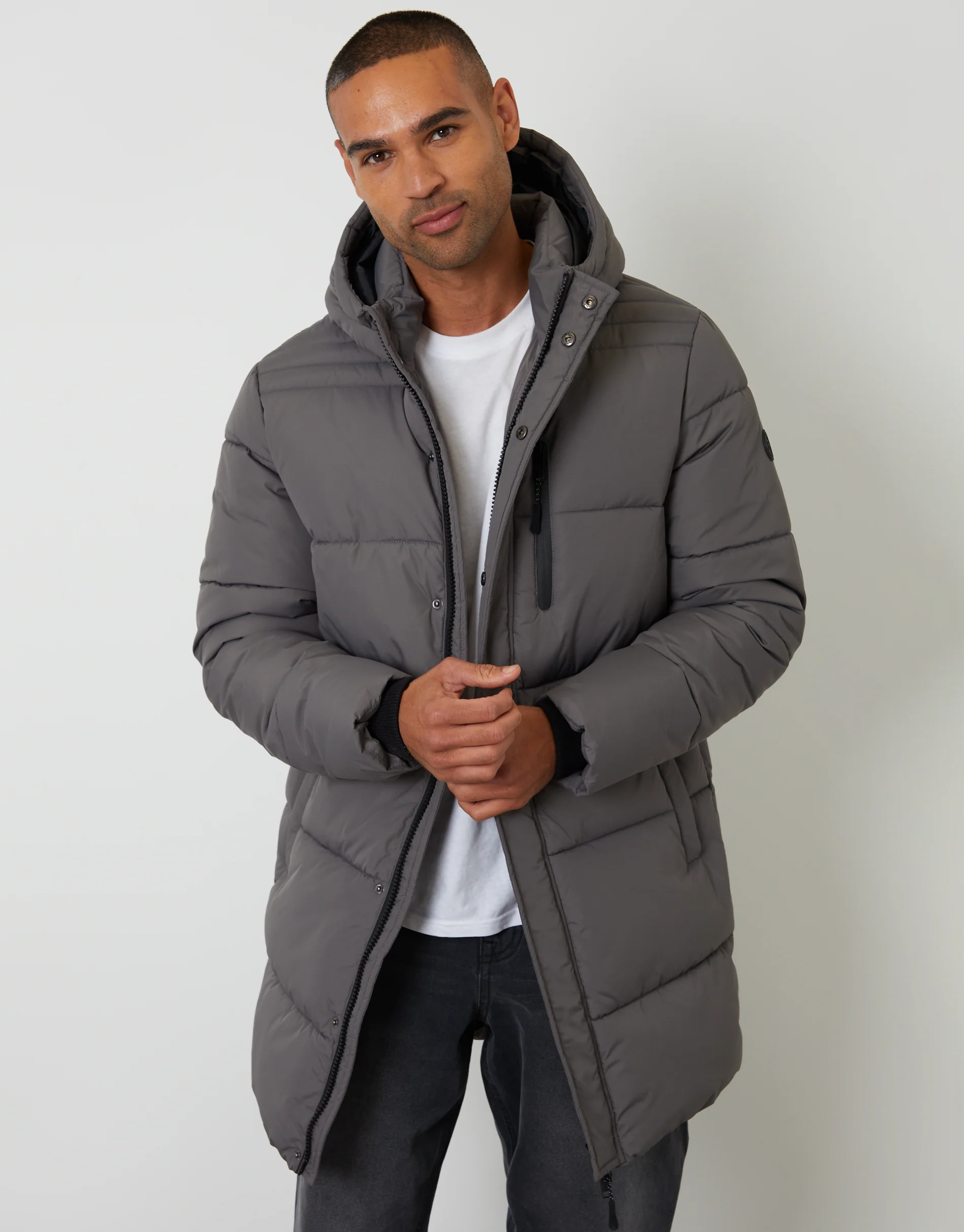 Showerproof Hooded Longline Puffer Jacket in Slate Grey
