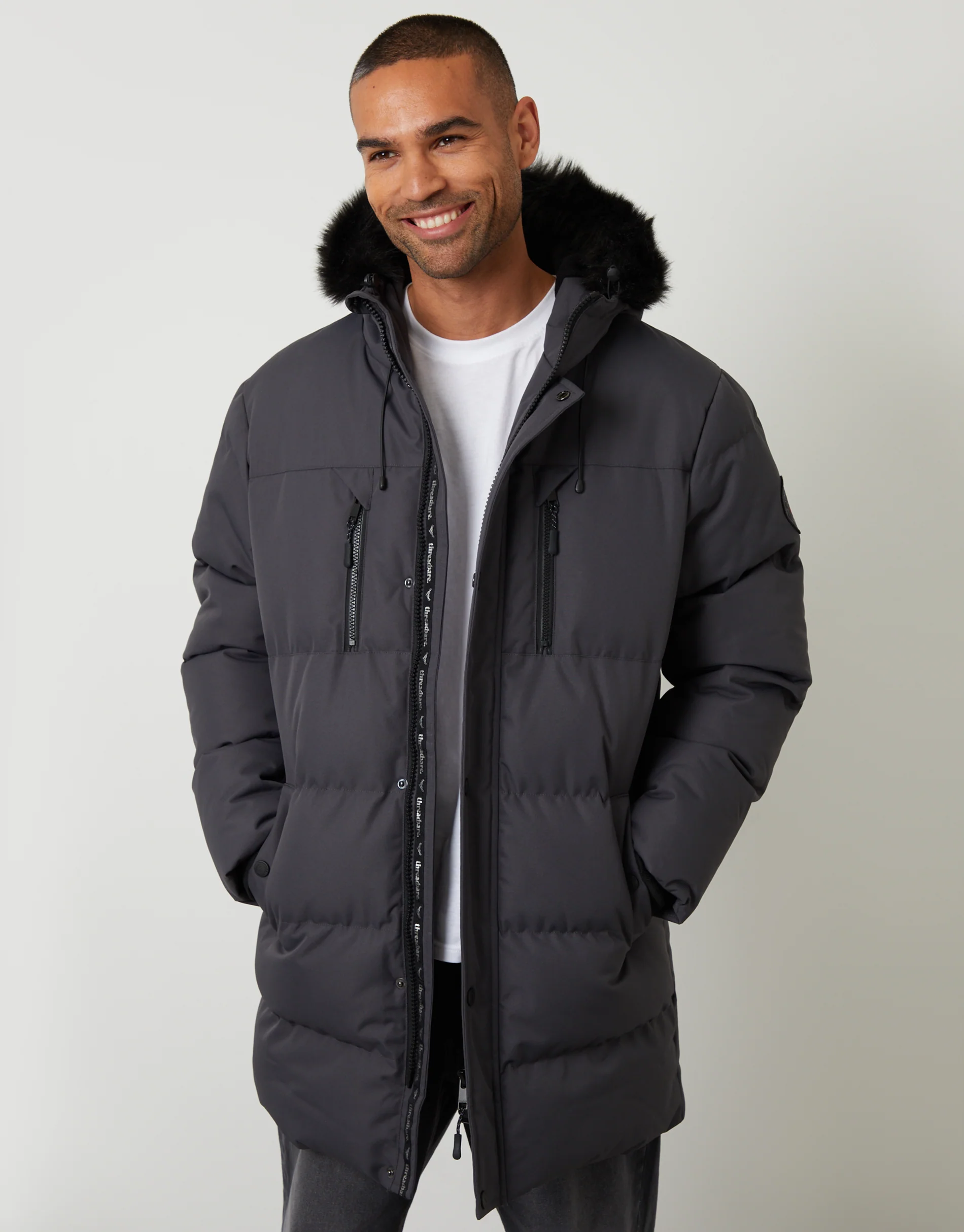 Showerproof Longline Quilted Parka Jacket in Slate Grey