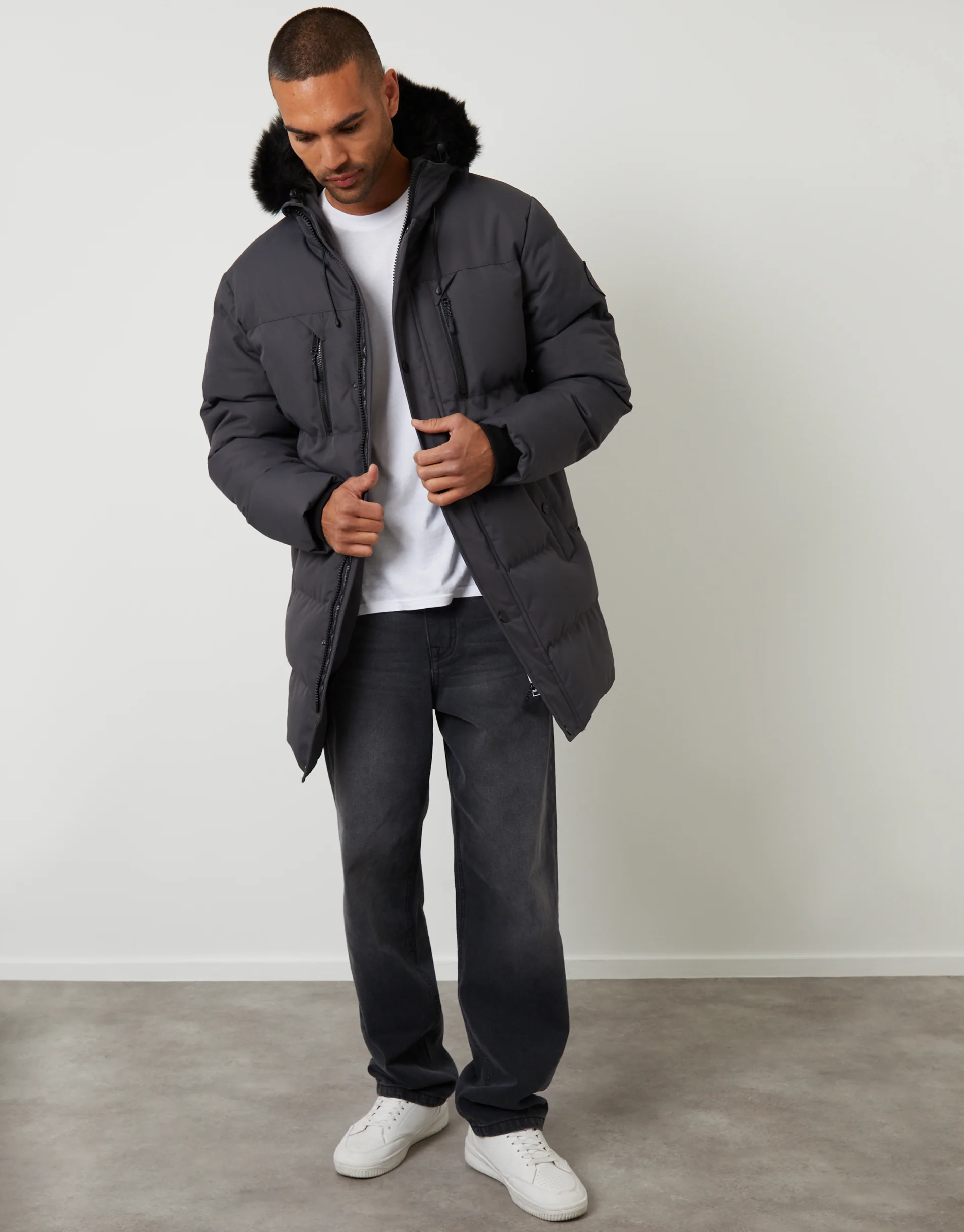 Showerproof Longline Quilted Parka Jacket in Slate Grey - Image 3
