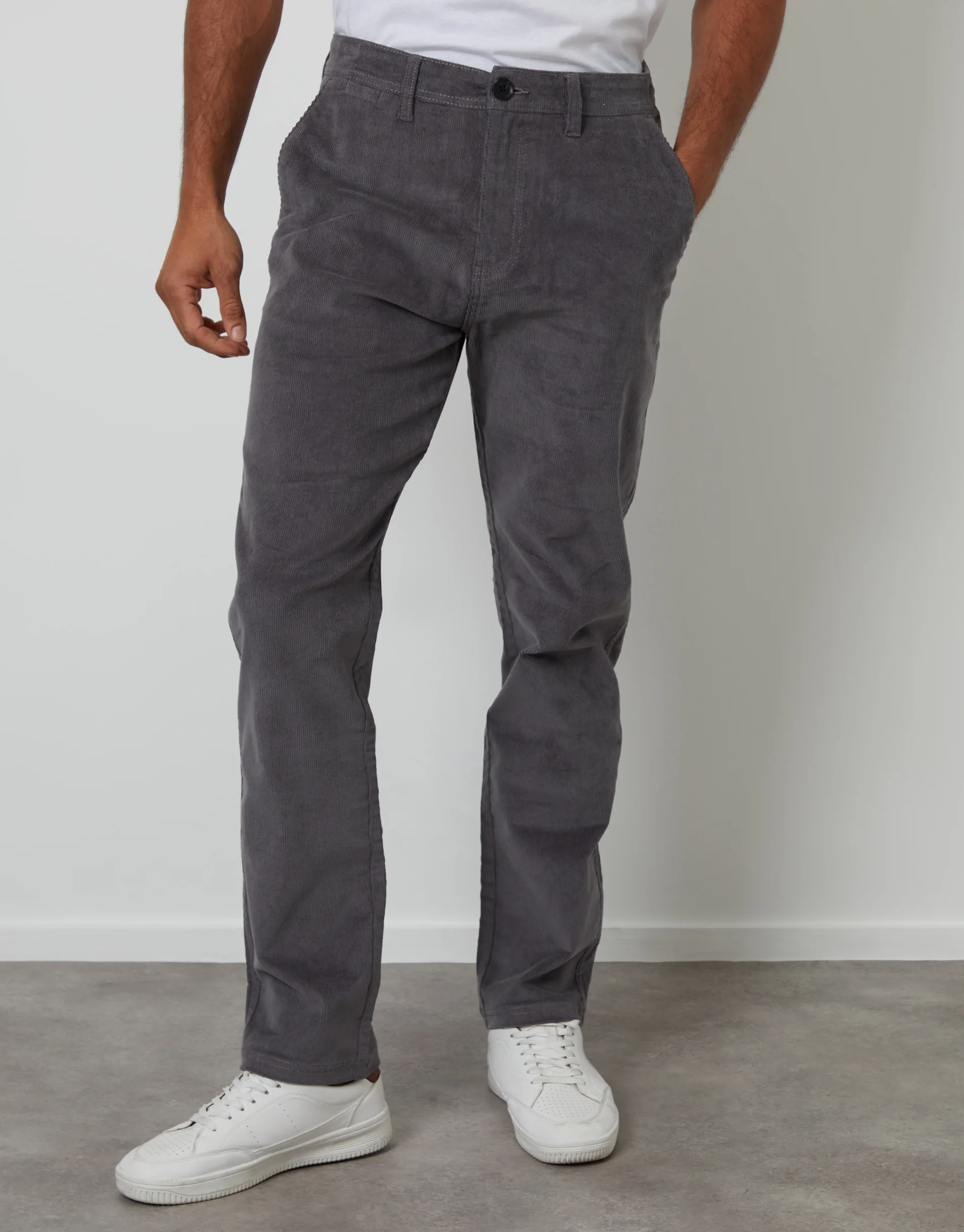 Straight Leg Stretch Corduroy Trousers in Slate Grey - Image 2