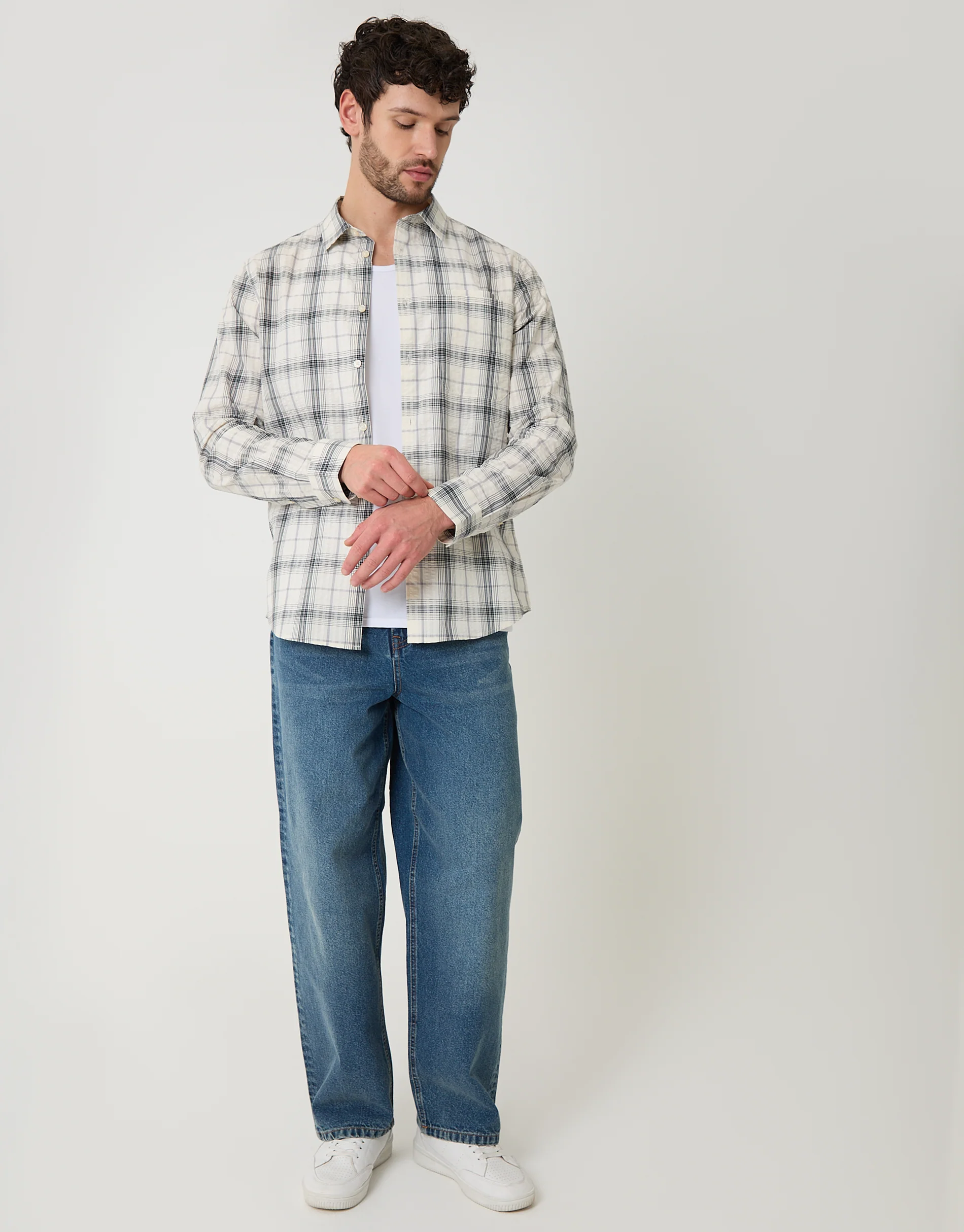 Cotton Long Sleeve Shirt in Stone Check - Image 3
