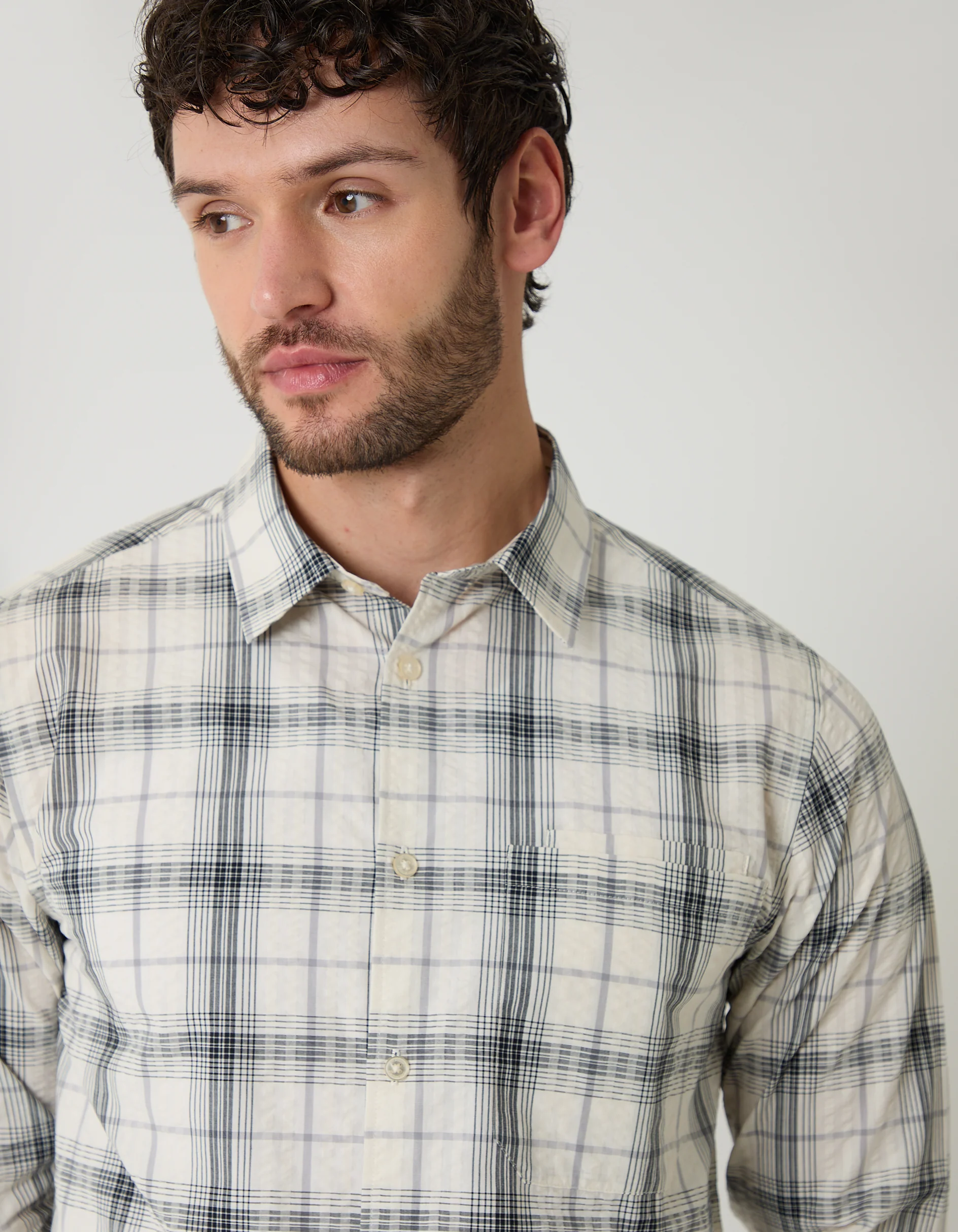 Cotton Long Sleeve Shirt in Stone Check - Image 4