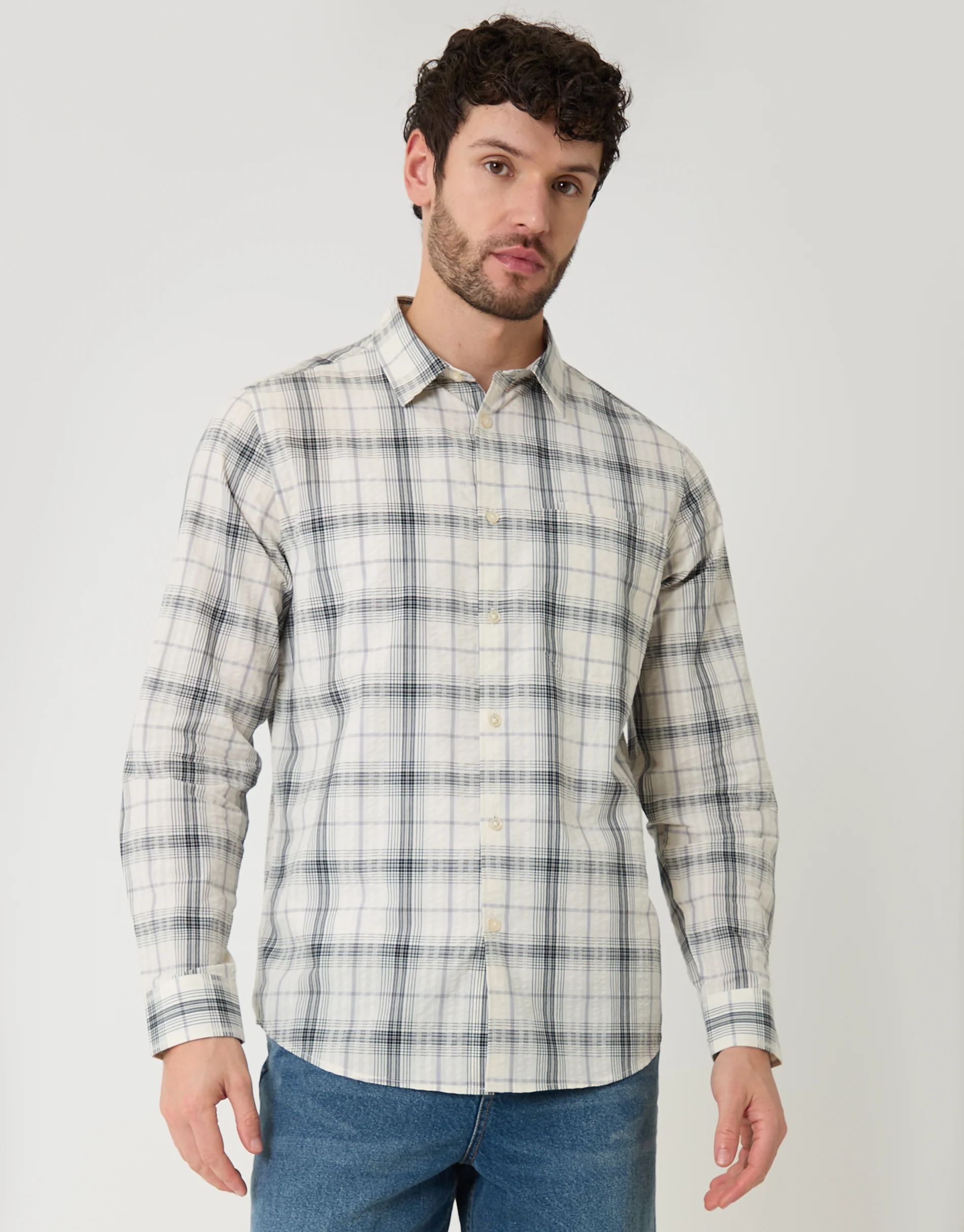 Cotton Long Sleeve Shirt in Stone Check - Image 5
