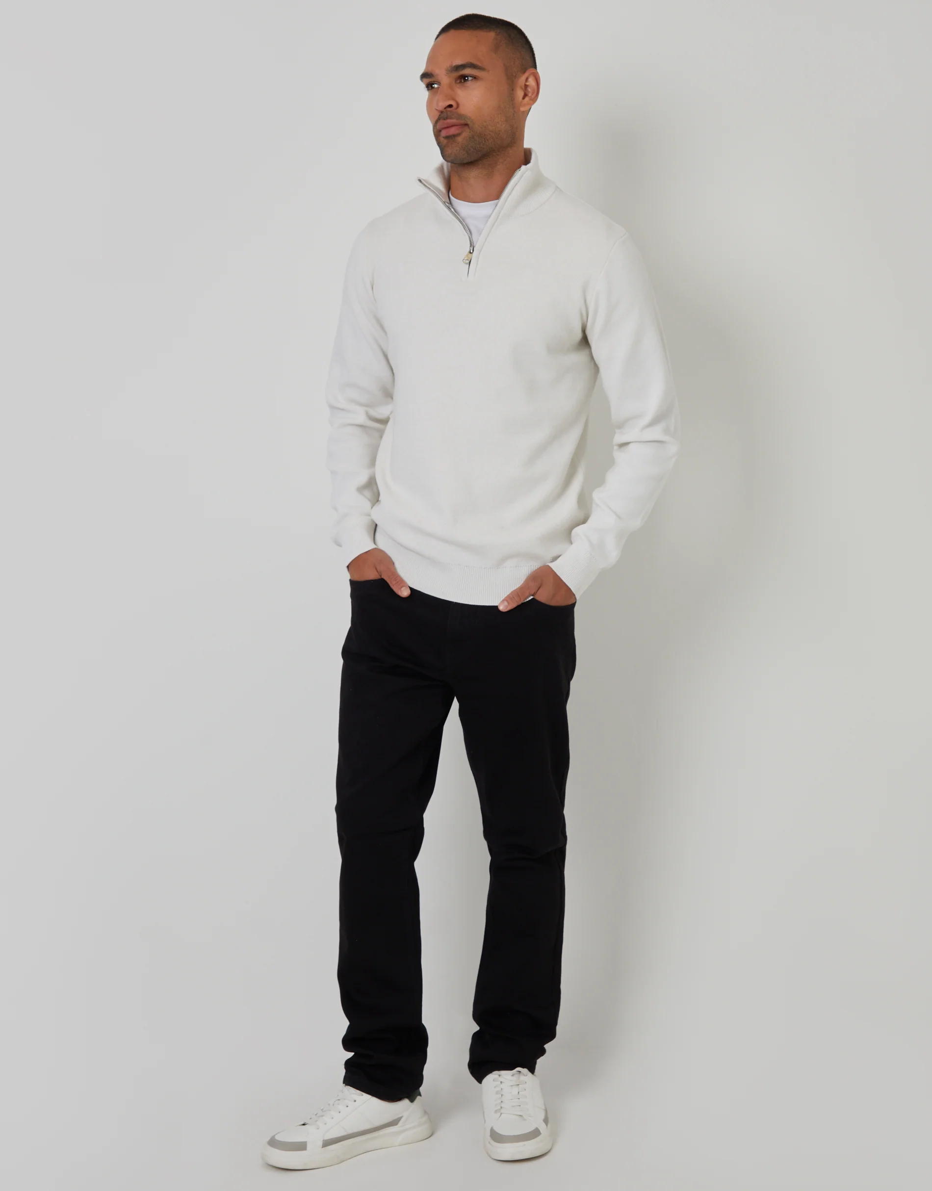 Knitted Quarter Zip Jumper in Stone - Image 3