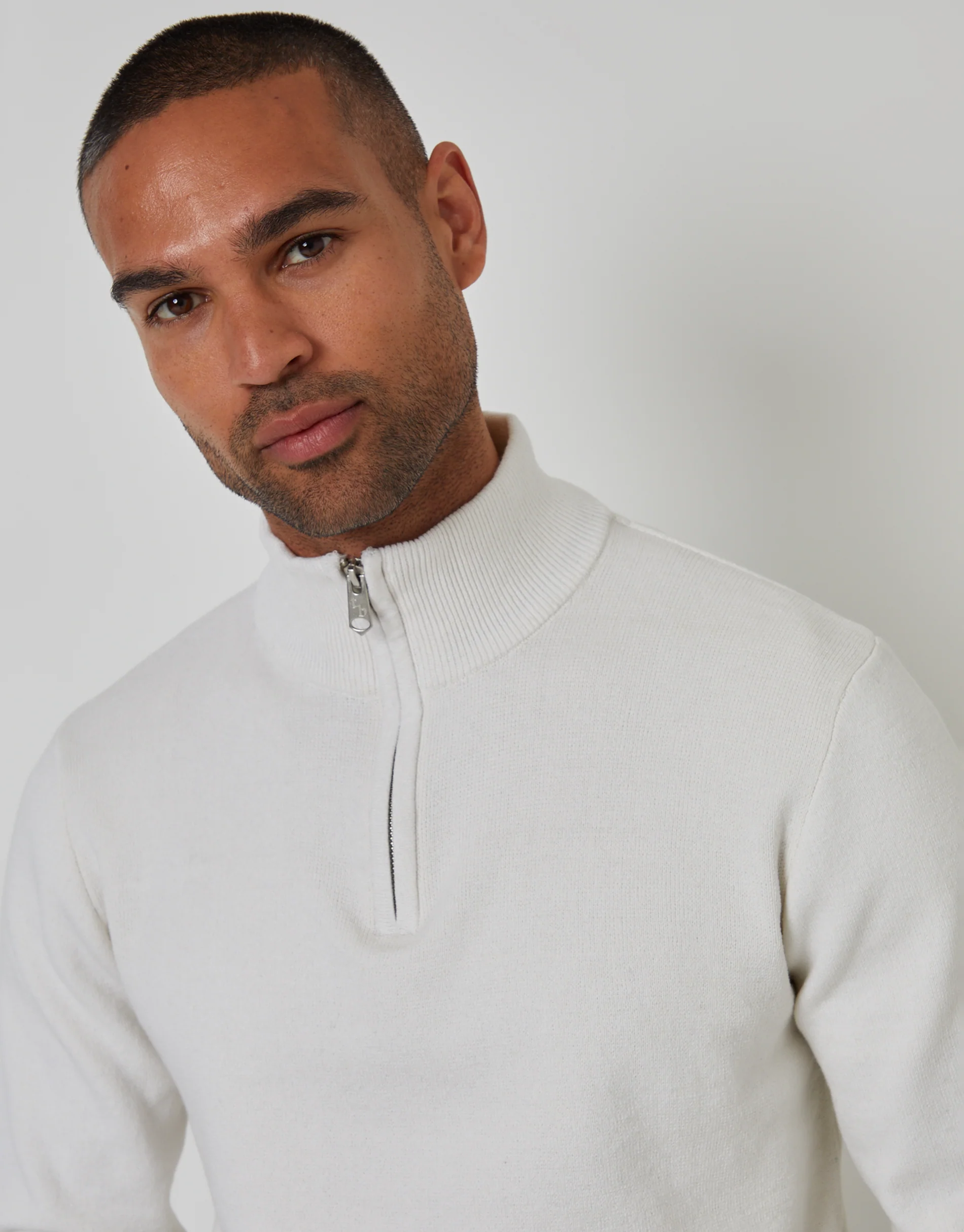 Knitted Quarter Zip Jumper in Stone - Image 4