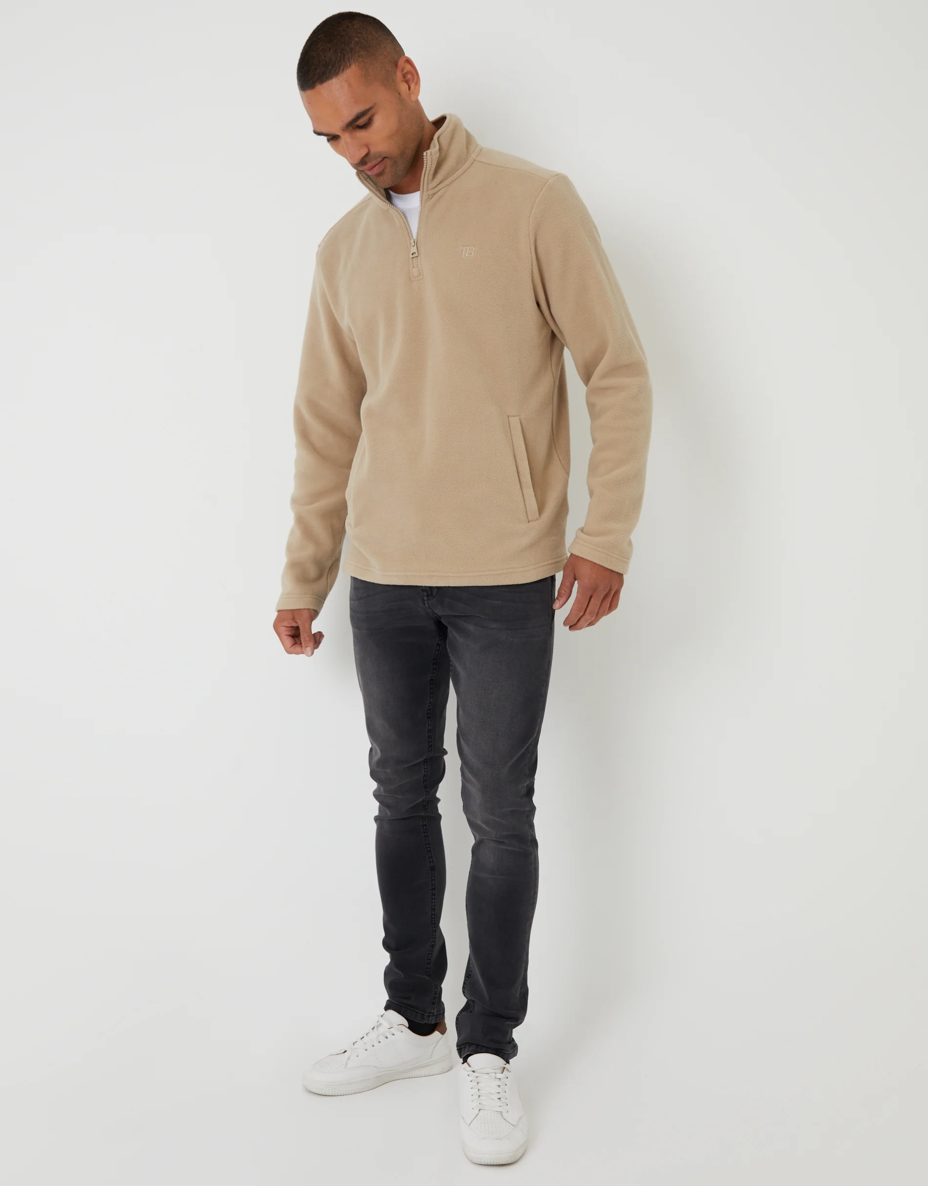 Quarter Zip Microfleece Sweatshirt in Stone - Image 3