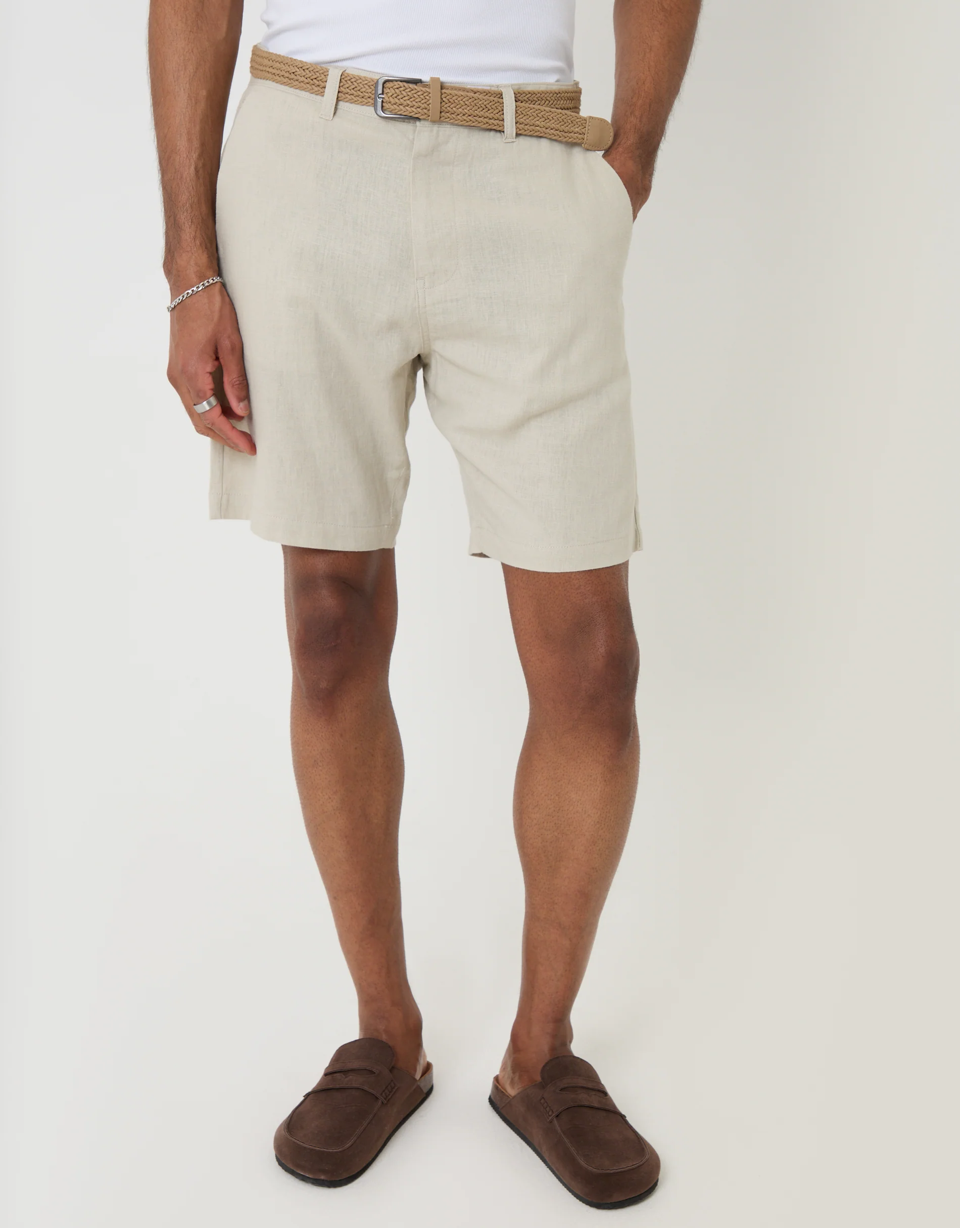 Regular Fit Linen Blend Shorts with Belt in Stone - Image 2
