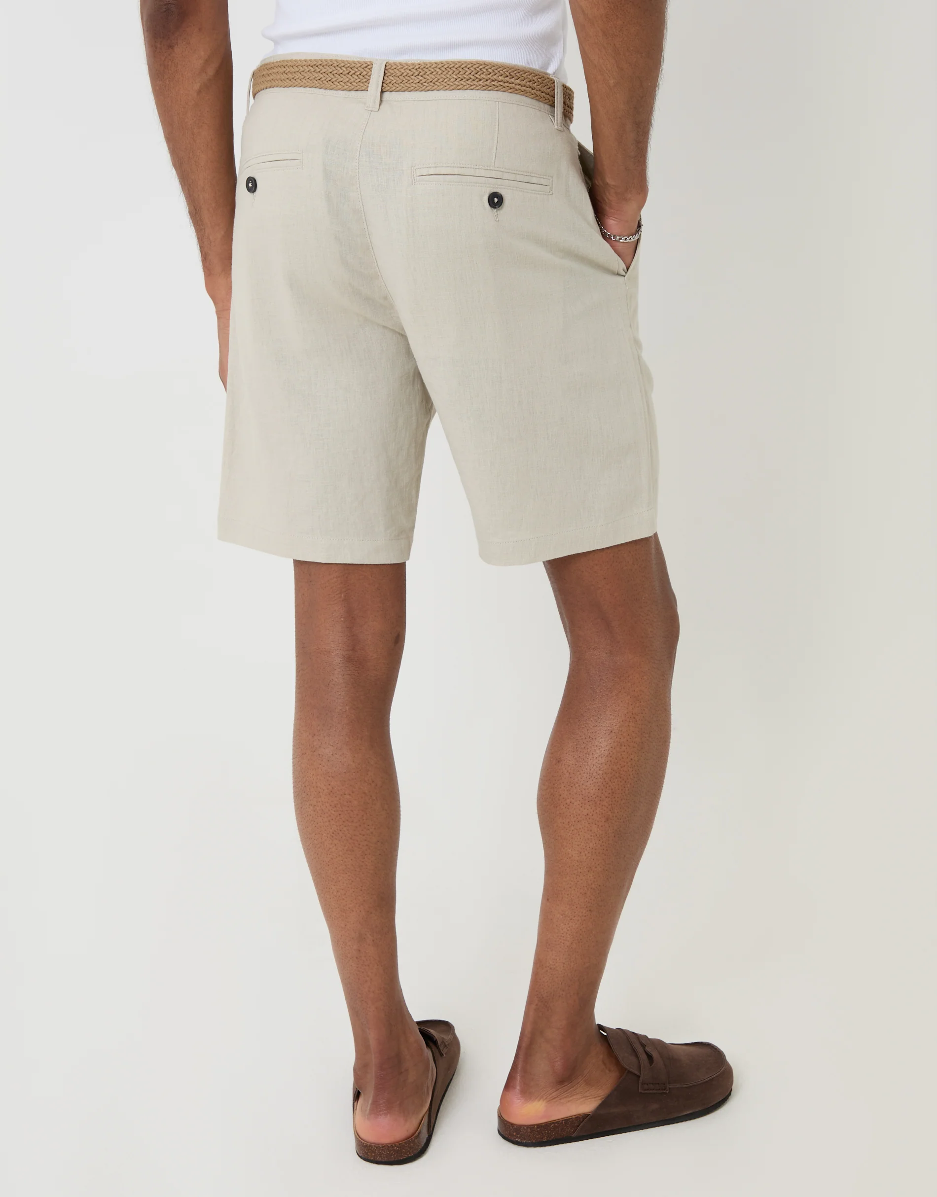Regular Fit Linen Blend Shorts with Belt in Stone - Image 3