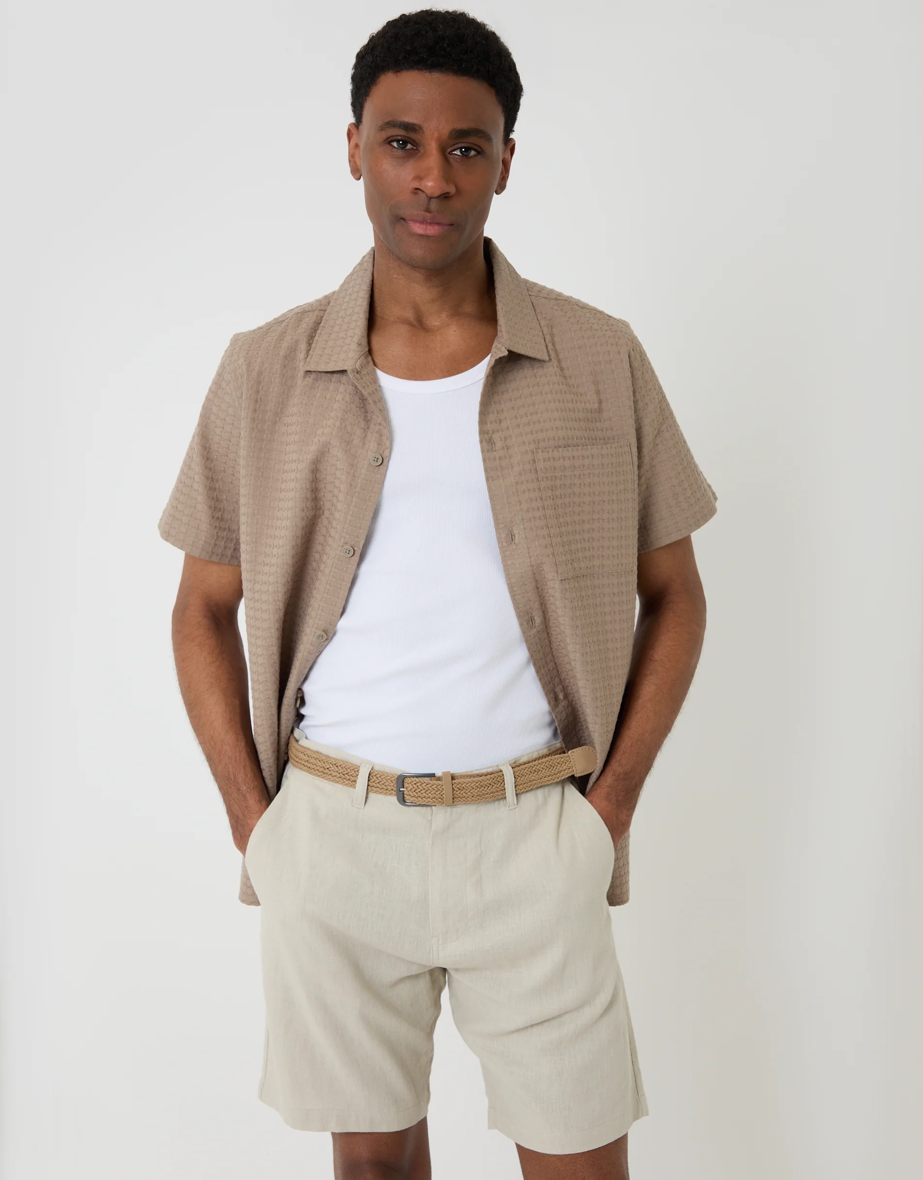 Regular Fit Linen Blend Shorts with Belt in Stone - Image 4