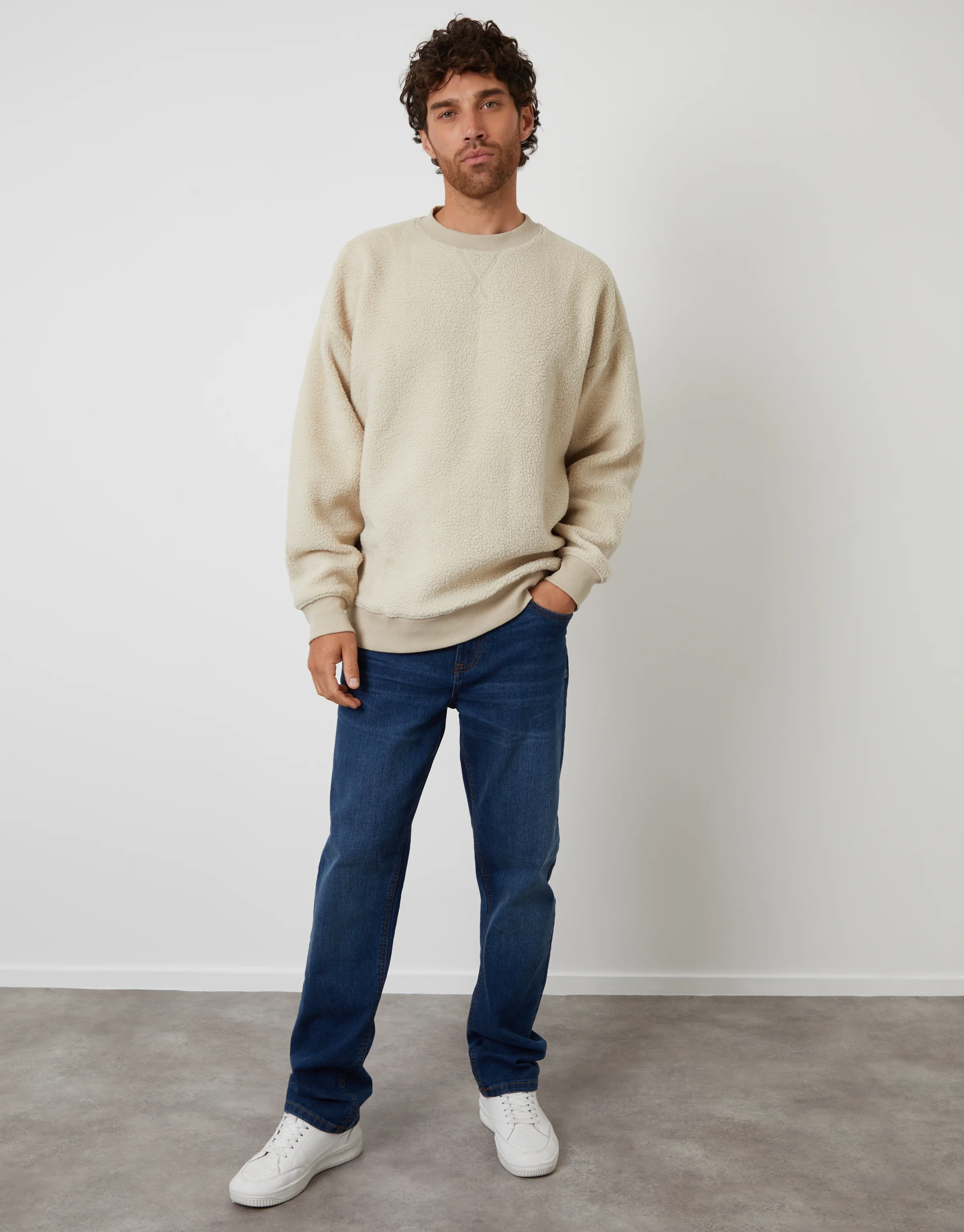 Relaxed Fit Crew Neck Borg Sweatshirt in Stone - Image 3