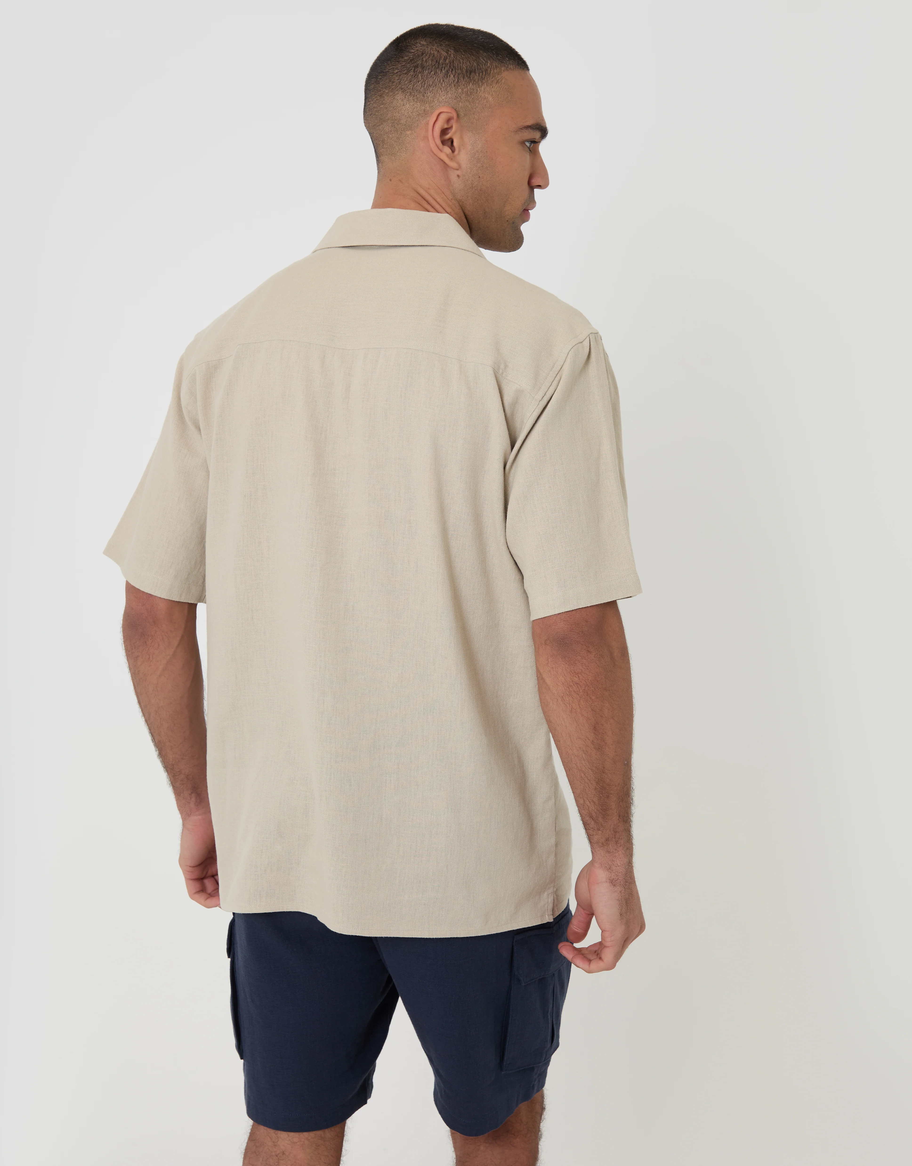 Relaxed Fit Linen Blend Short Sleeve Shirt in Stone - Image 2