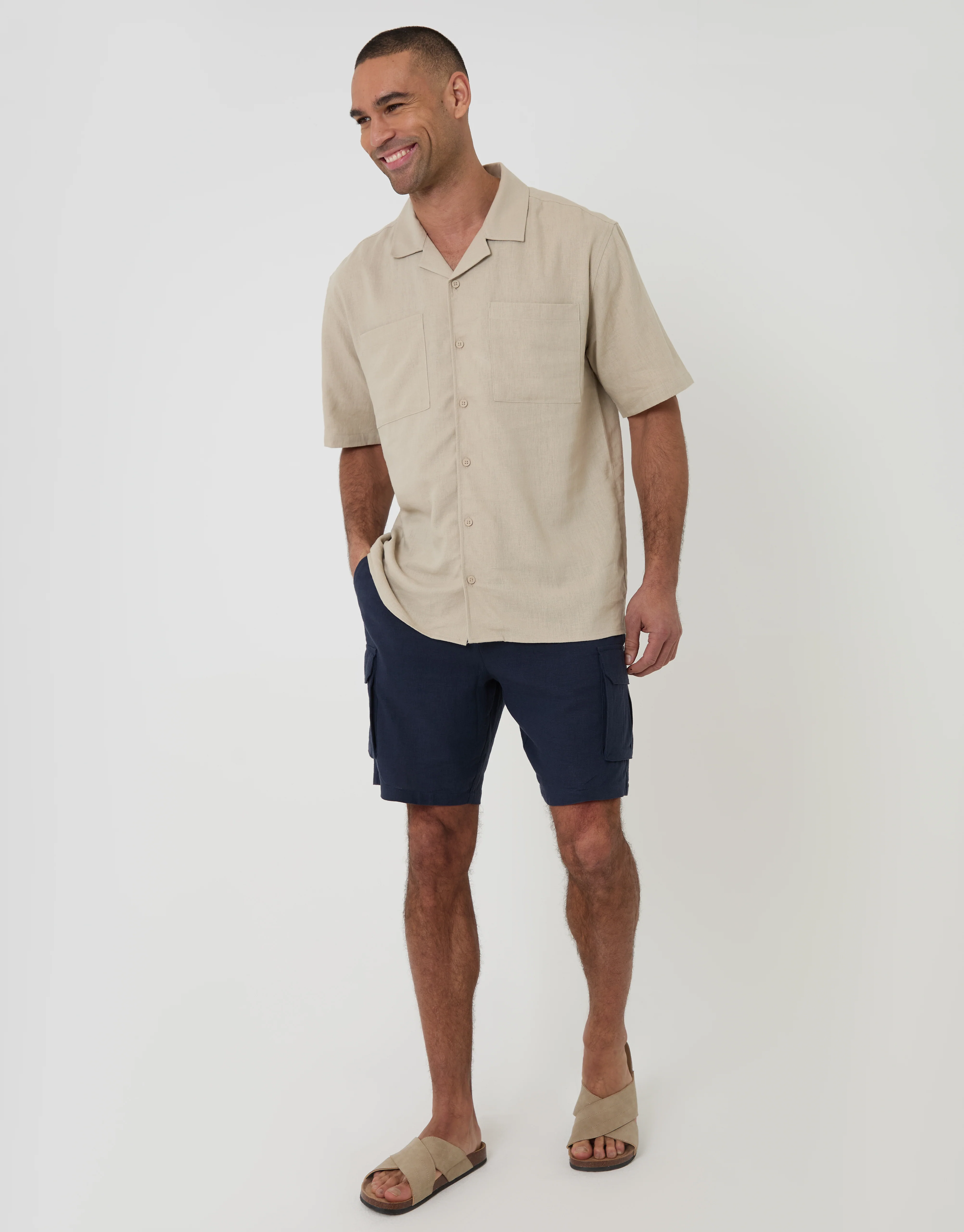 Relaxed Fit Linen Blend Short Sleeve Shirt in Stone - Image 3
