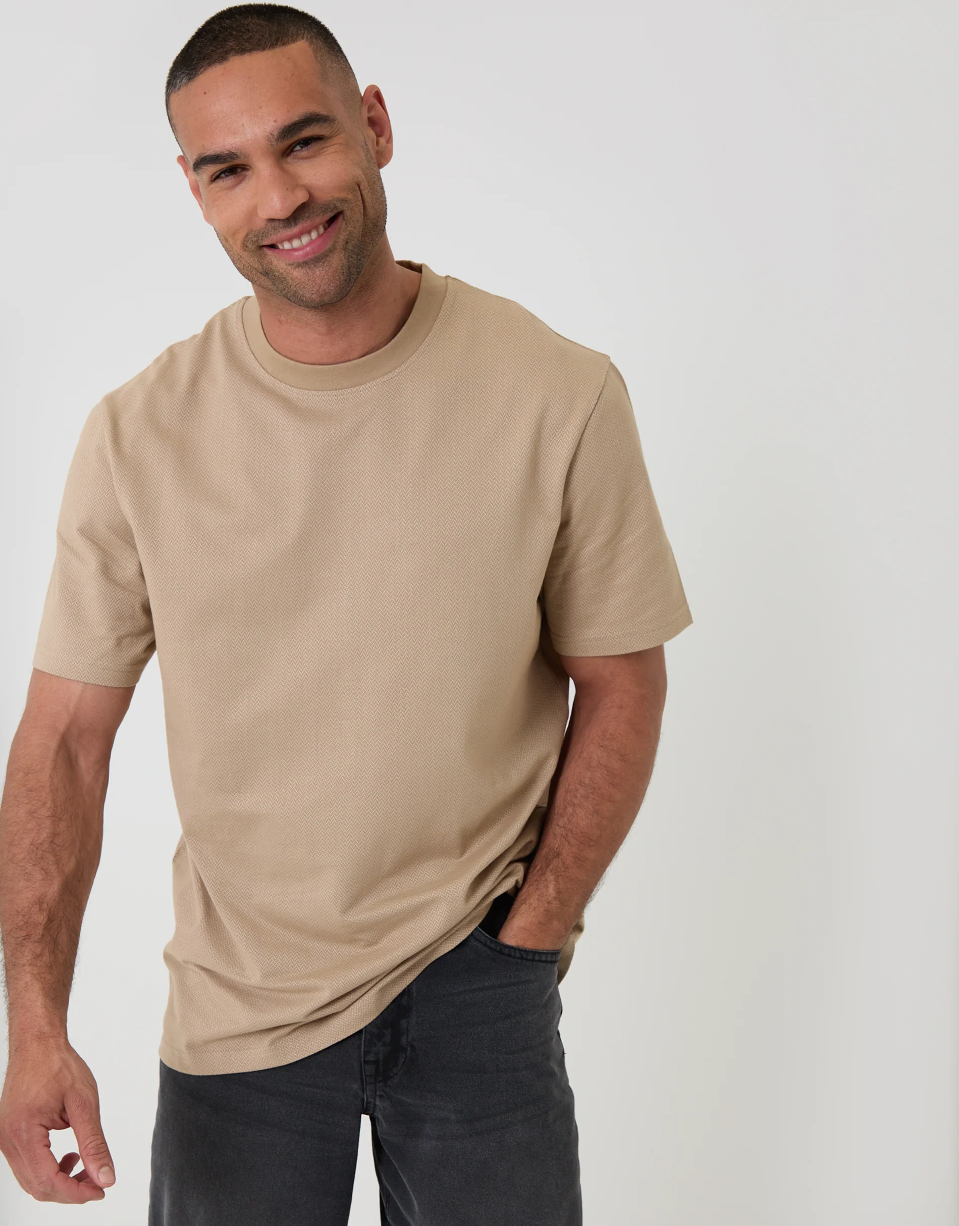 Relaxed Fit Textured Cotton Crew Neck T-Shirt in Stone