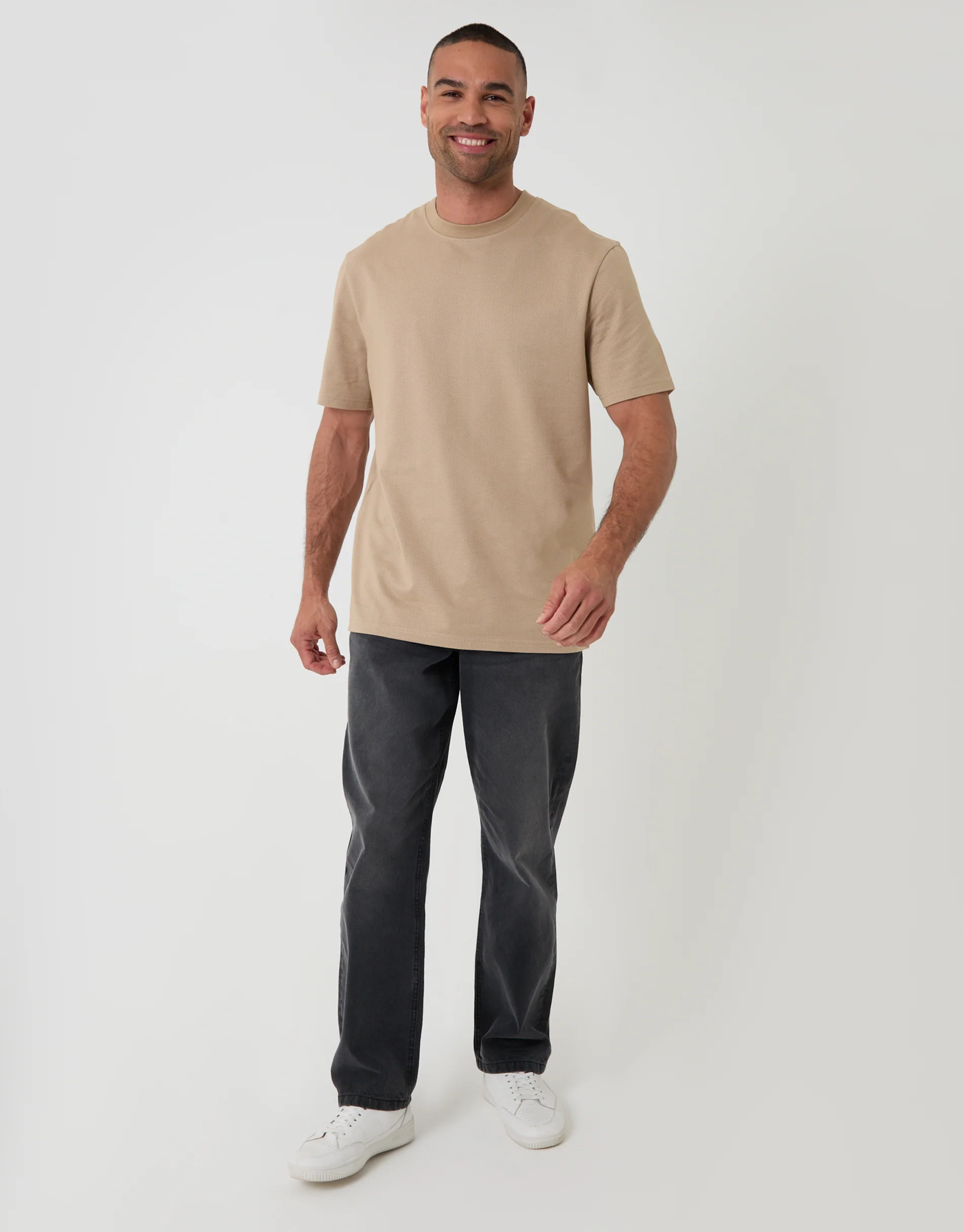 Relaxed Fit Textured Cotton Crew Neck T-Shirt in Stone - Image 3