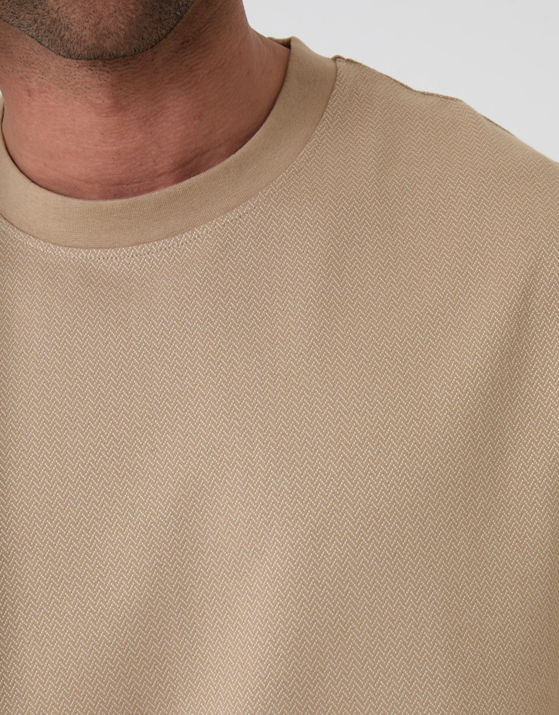 Relaxed Fit Textured Cotton Crew Neck T-Shirt in Stone - Image 4