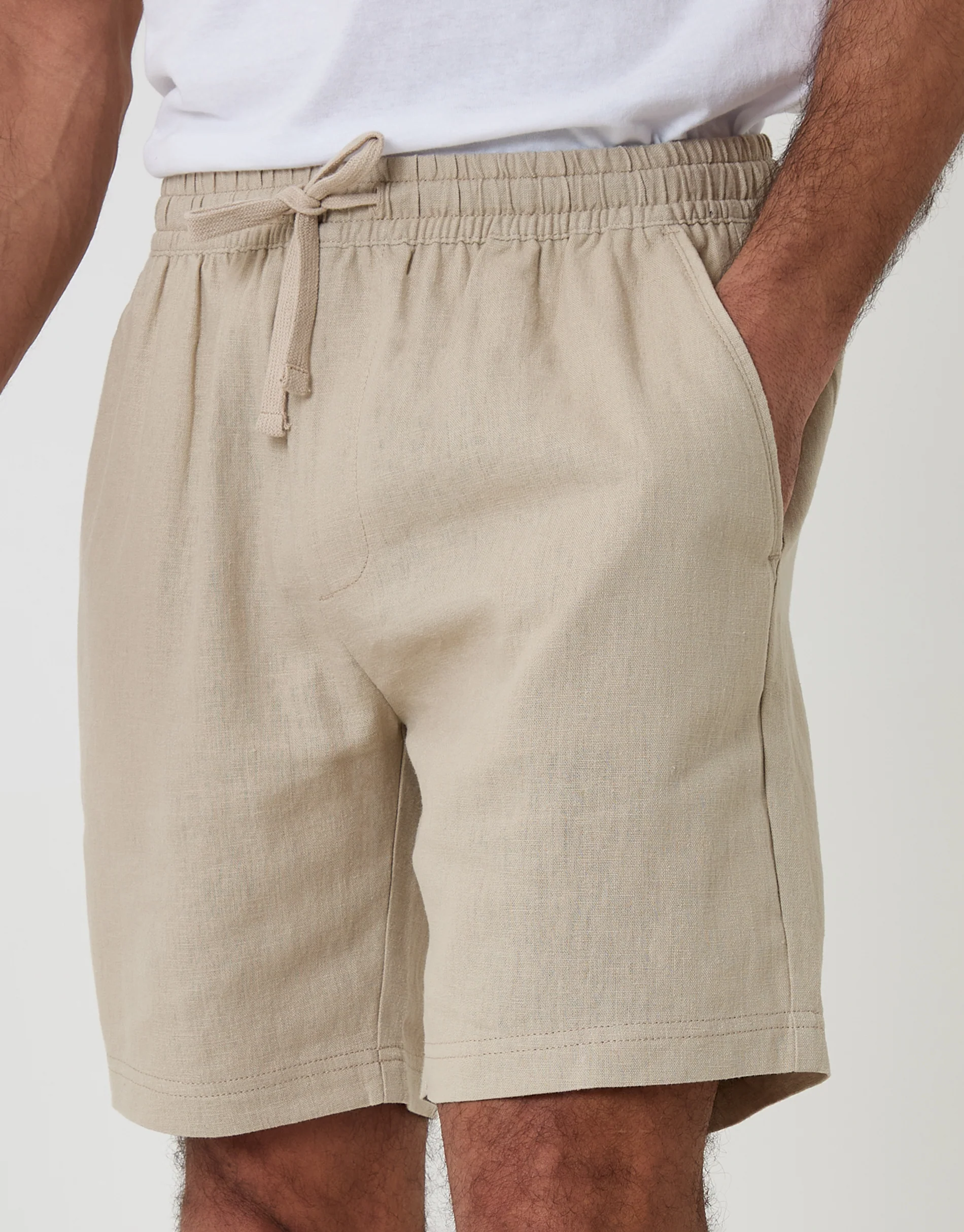 Shorter Length Elasticated Waist Linen Blend Shorts in Stone - Image 4