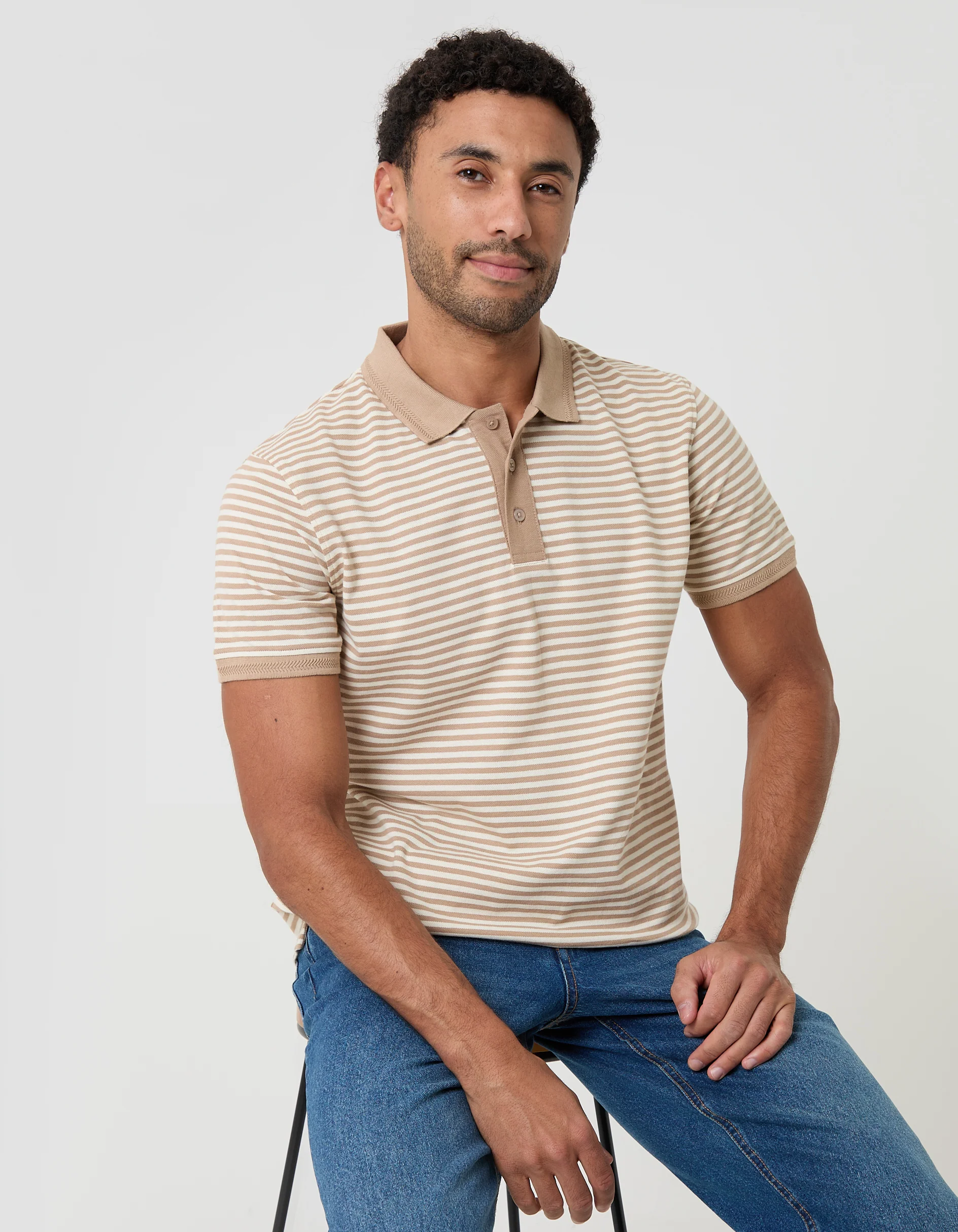 Cotton Pique Polo Shirt in Stone Stripe