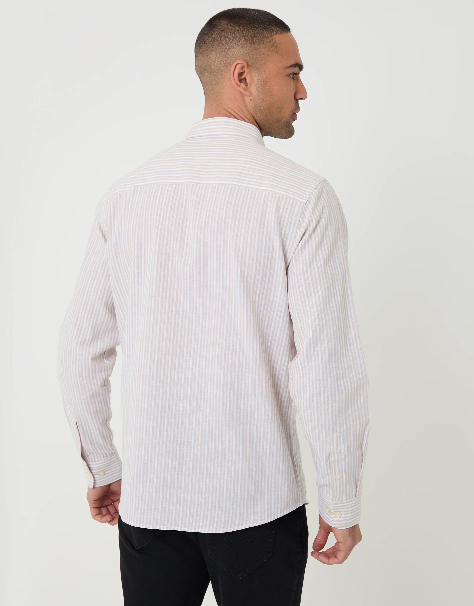 Linen Cotton Blend Long Sleeve Shirt in Stone Stripe - Image 2