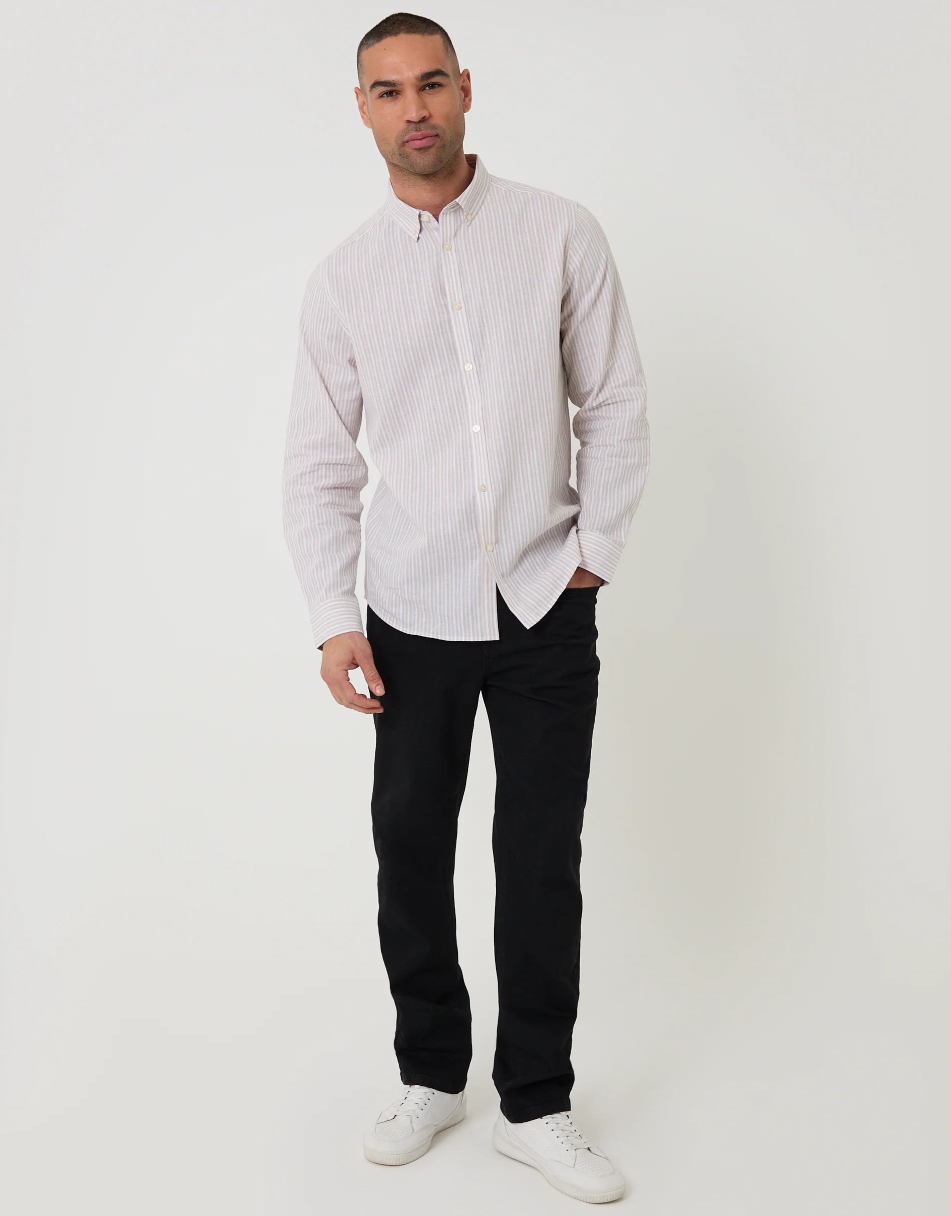 Linen Cotton Blend Long Sleeve Shirt in Stone Stripe - Image 3