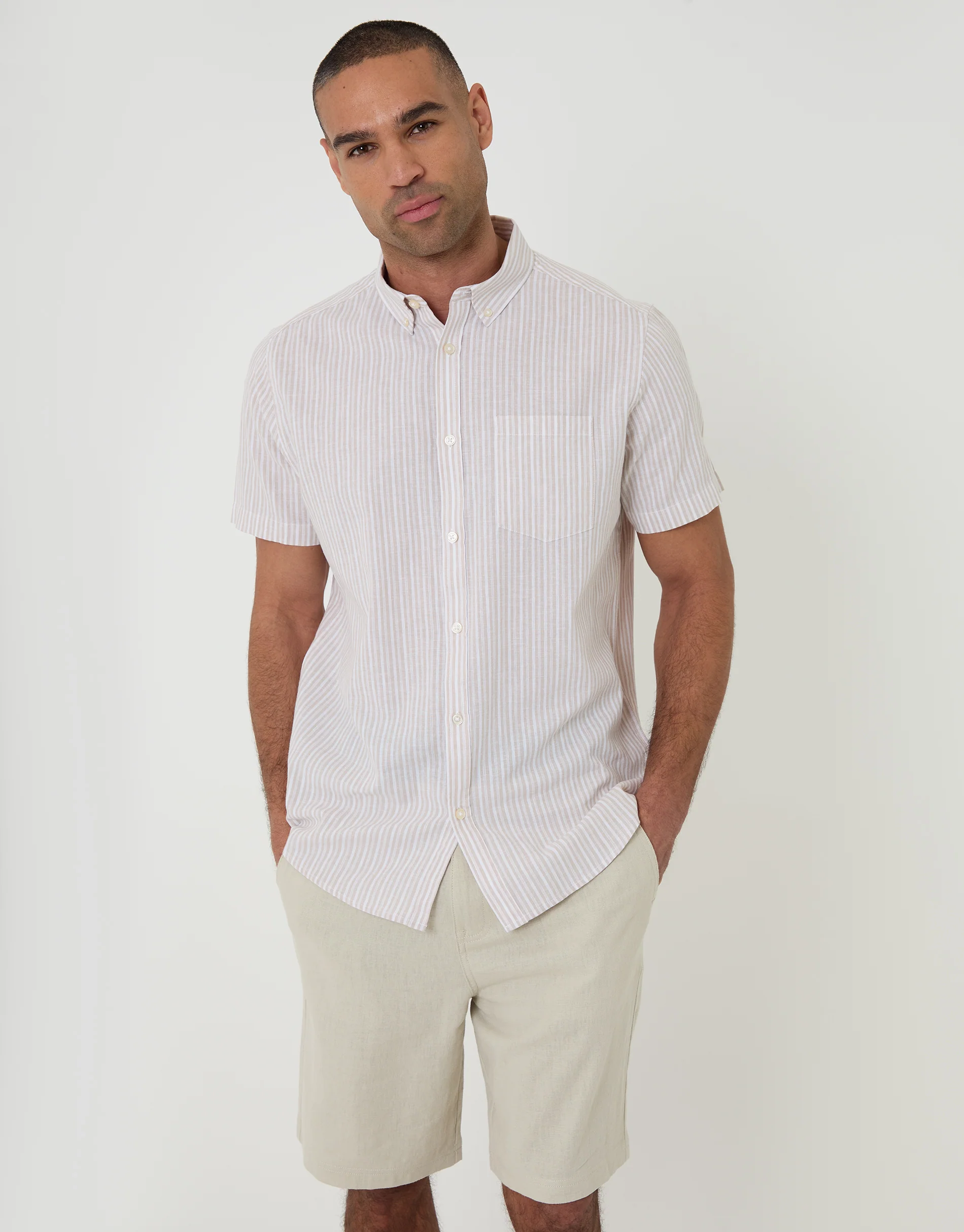 Linen Cotton Blend Short Sleeve Shirt in Stone Stripe