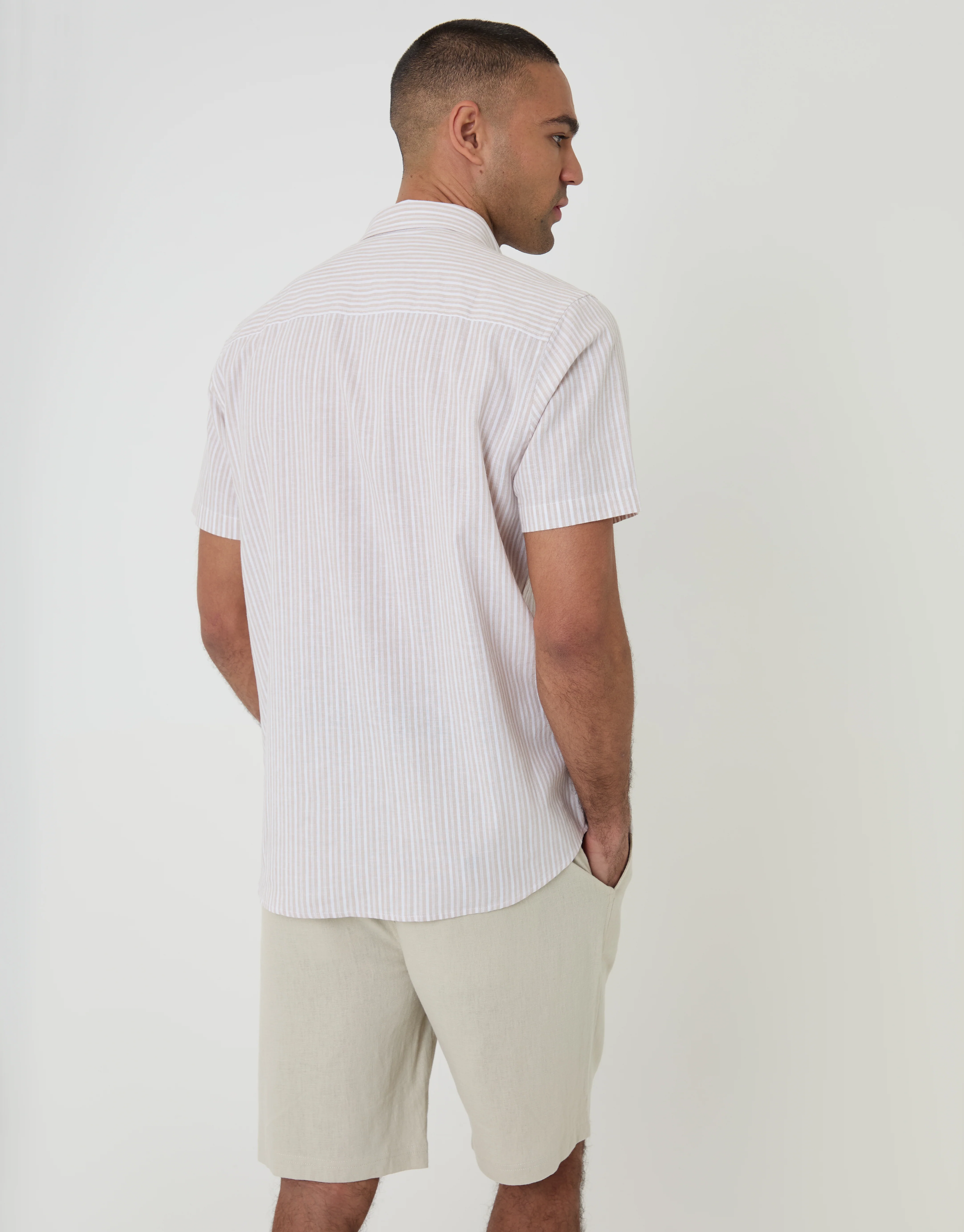 Linen Cotton Blend Short Sleeve Shirt in Stone Stripe - Image 2