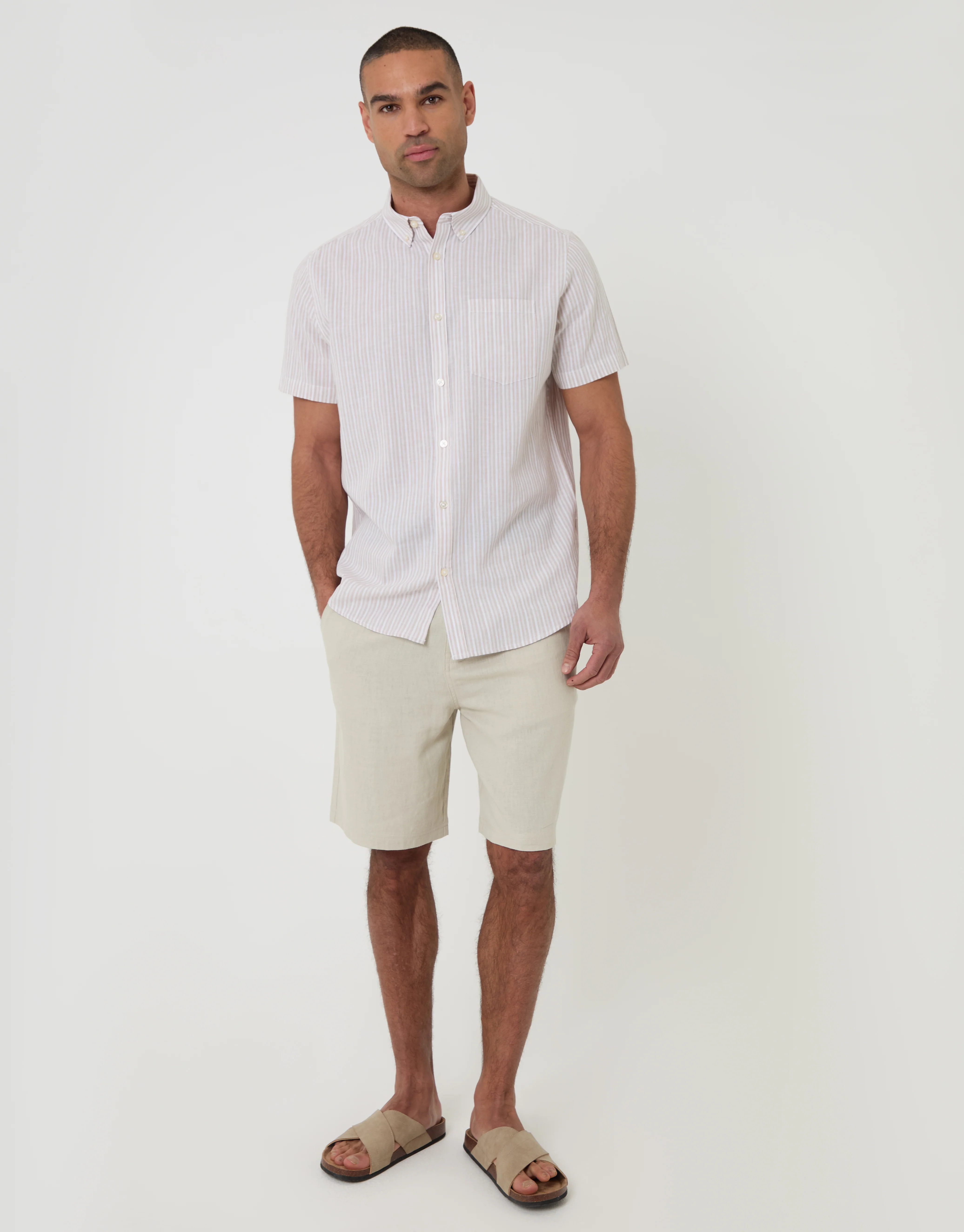 Linen Cotton Blend Short Sleeve Shirt in Stone Stripe - Image 3