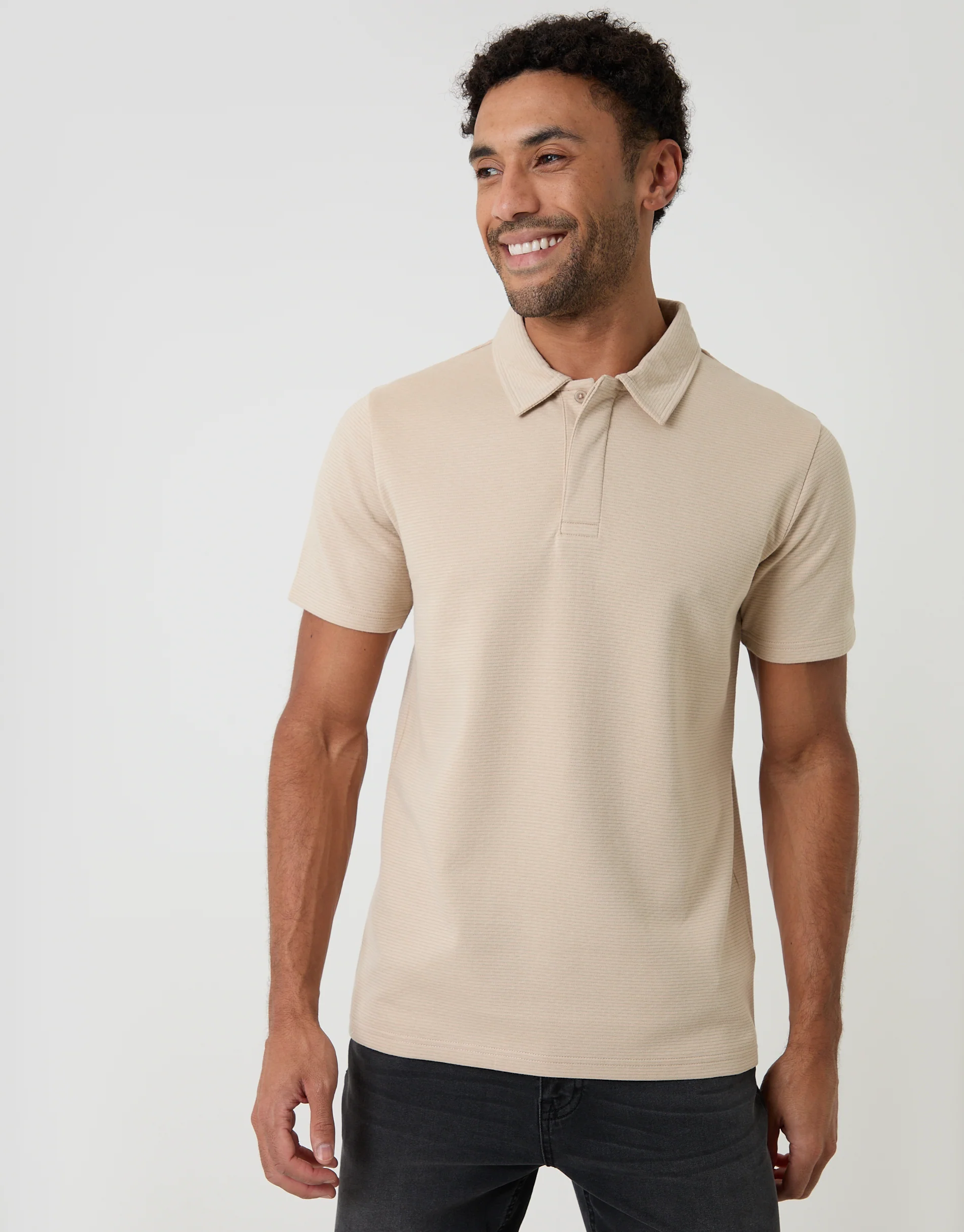 Textured Hidden Placket Polo Shirt in Stone