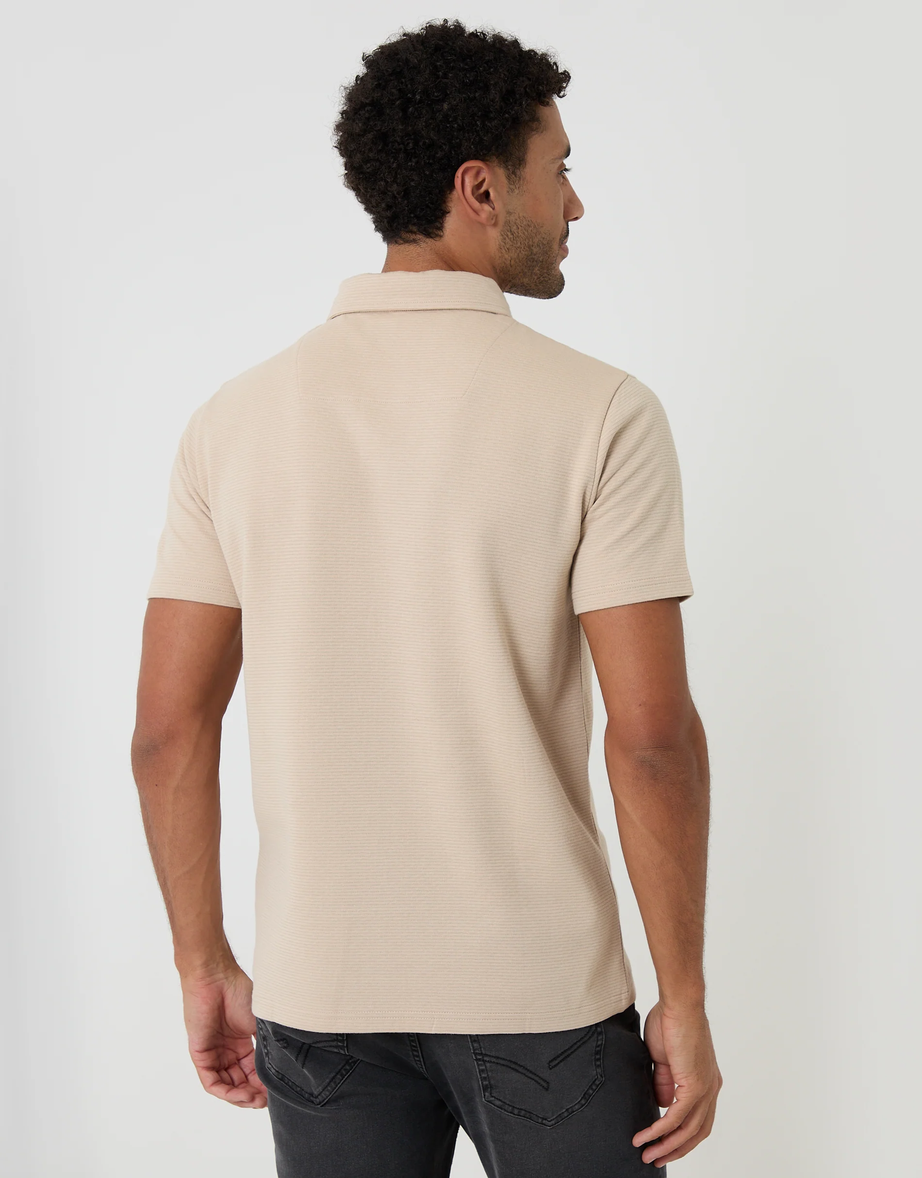 Textured Hidden Placket Polo Shirt in Stone - Image 2