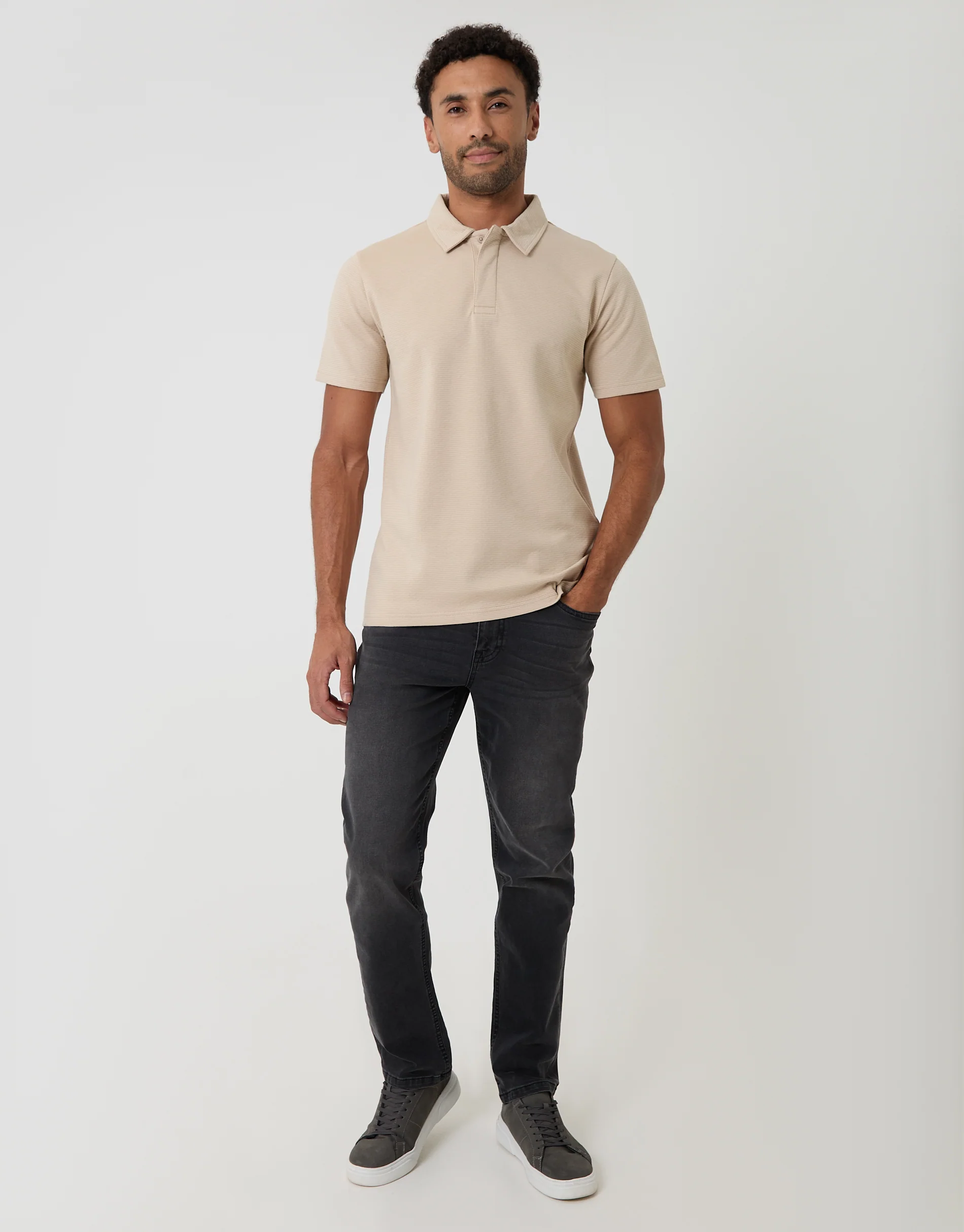 Textured Hidden Placket Polo Shirt in Stone - Image 3