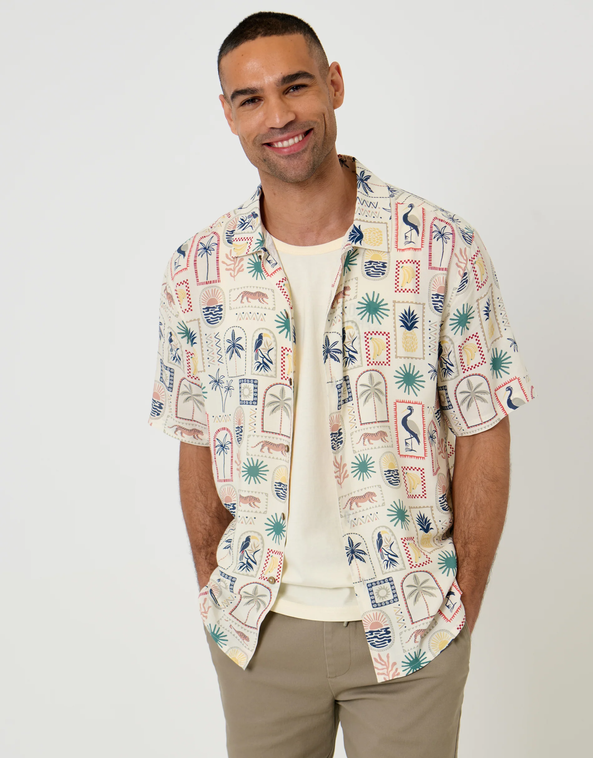 Relaxed Fit Tropical Stamp Print Short Sleeve Shirt in Stone
