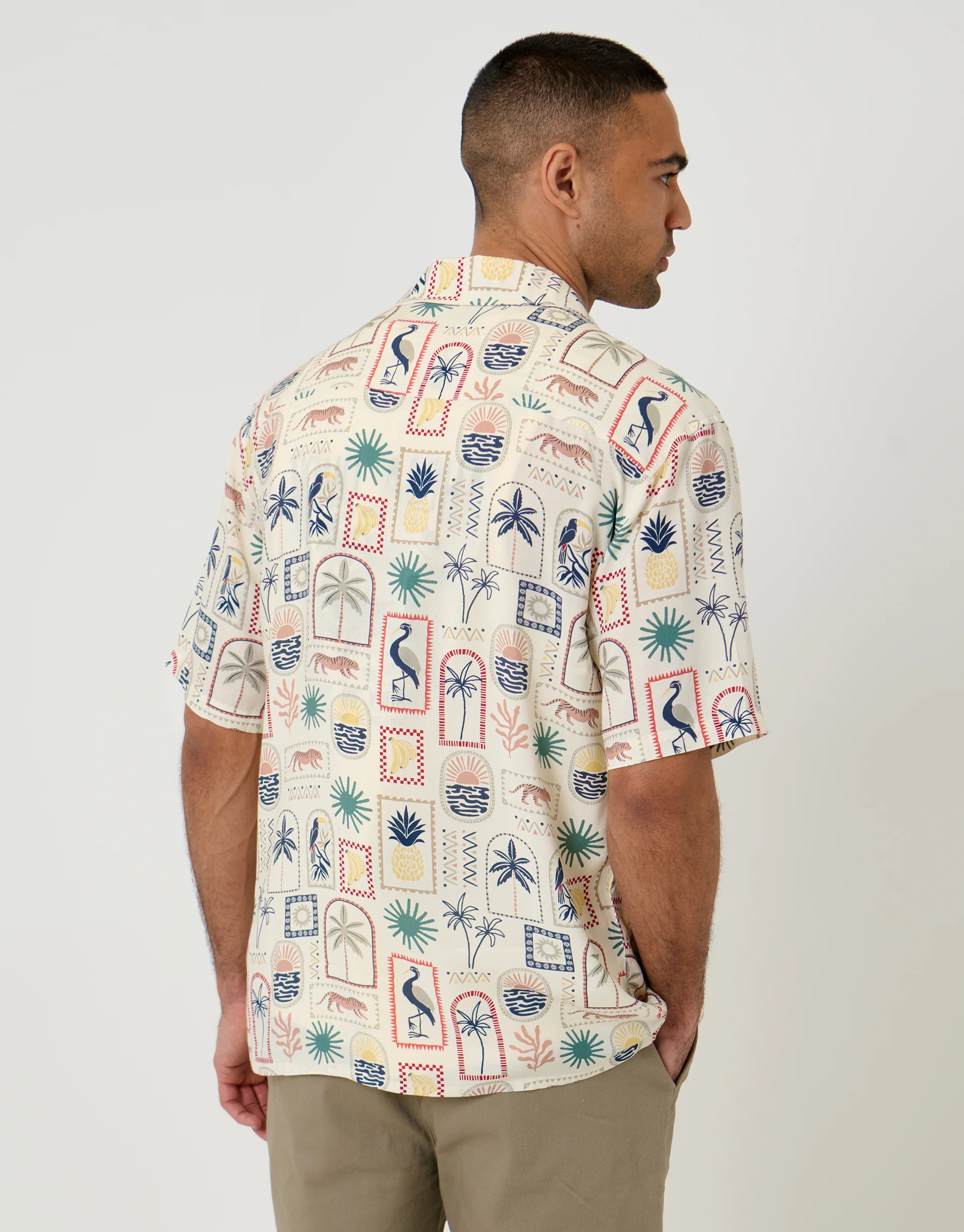 Relaxed Fit Tropical Stamp Print Short Sleeve Shirt in Stone - Image 2