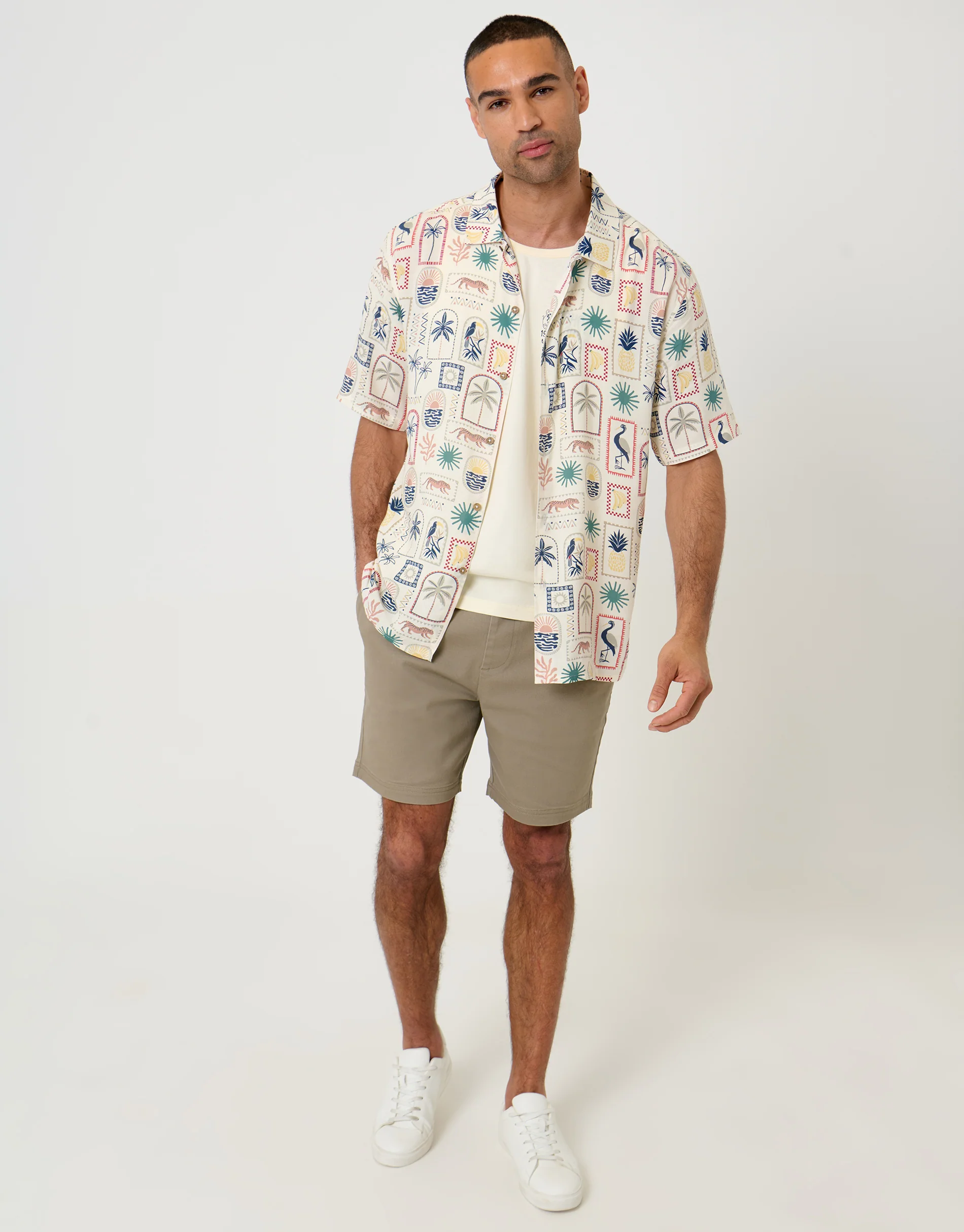 Relaxed Fit Tropical Stamp Print Short Sleeve Shirt in Stone - Image 3