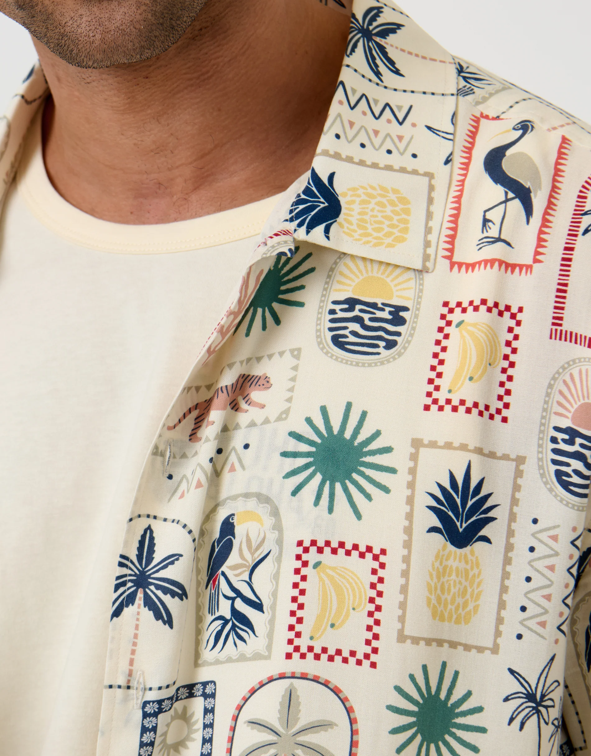 Relaxed Fit Tropical Stamp Print Short Sleeve Shirt in Stone - Image 5