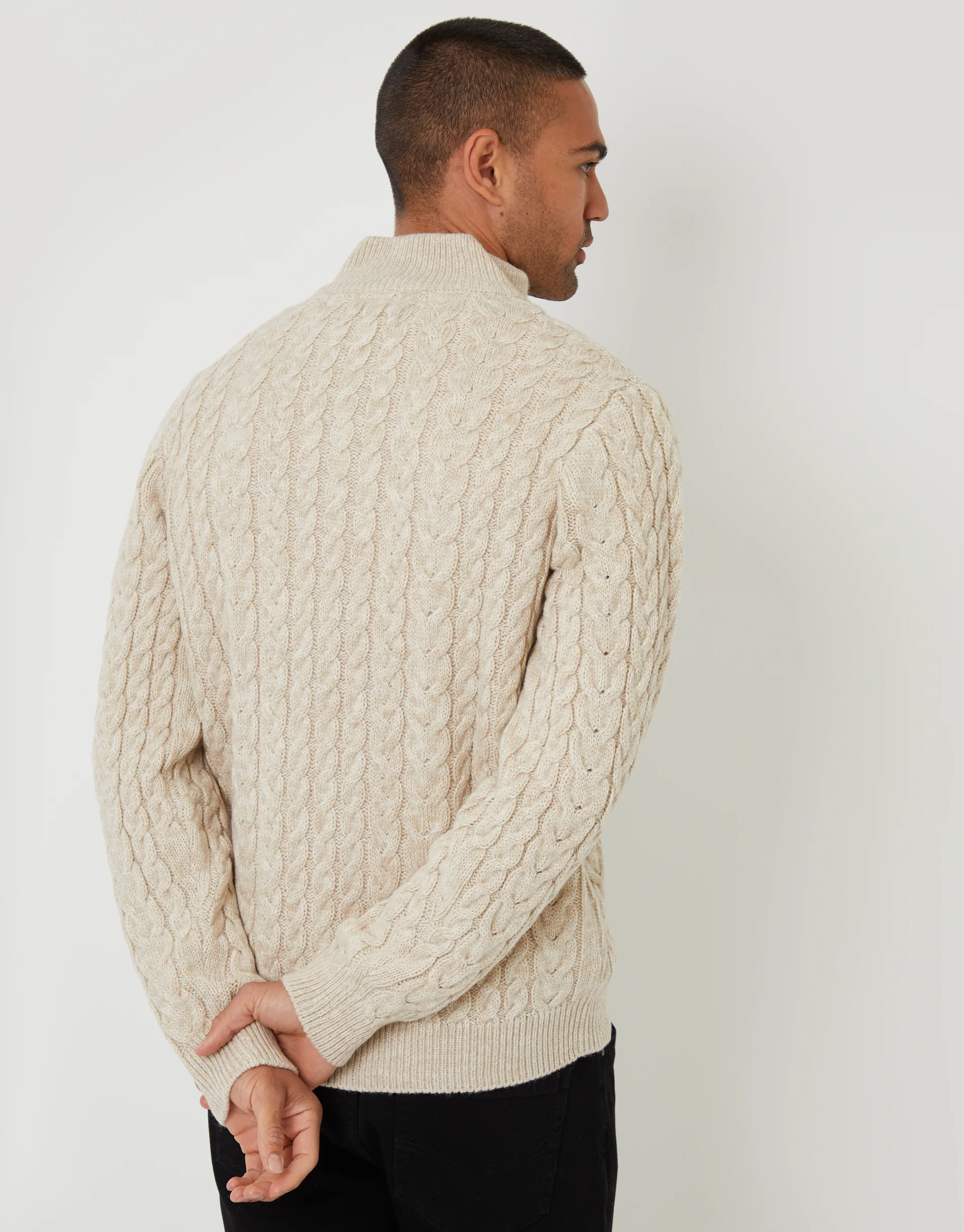Funnel Neck Cable Knit Jumper in Stone Twist - Image 2