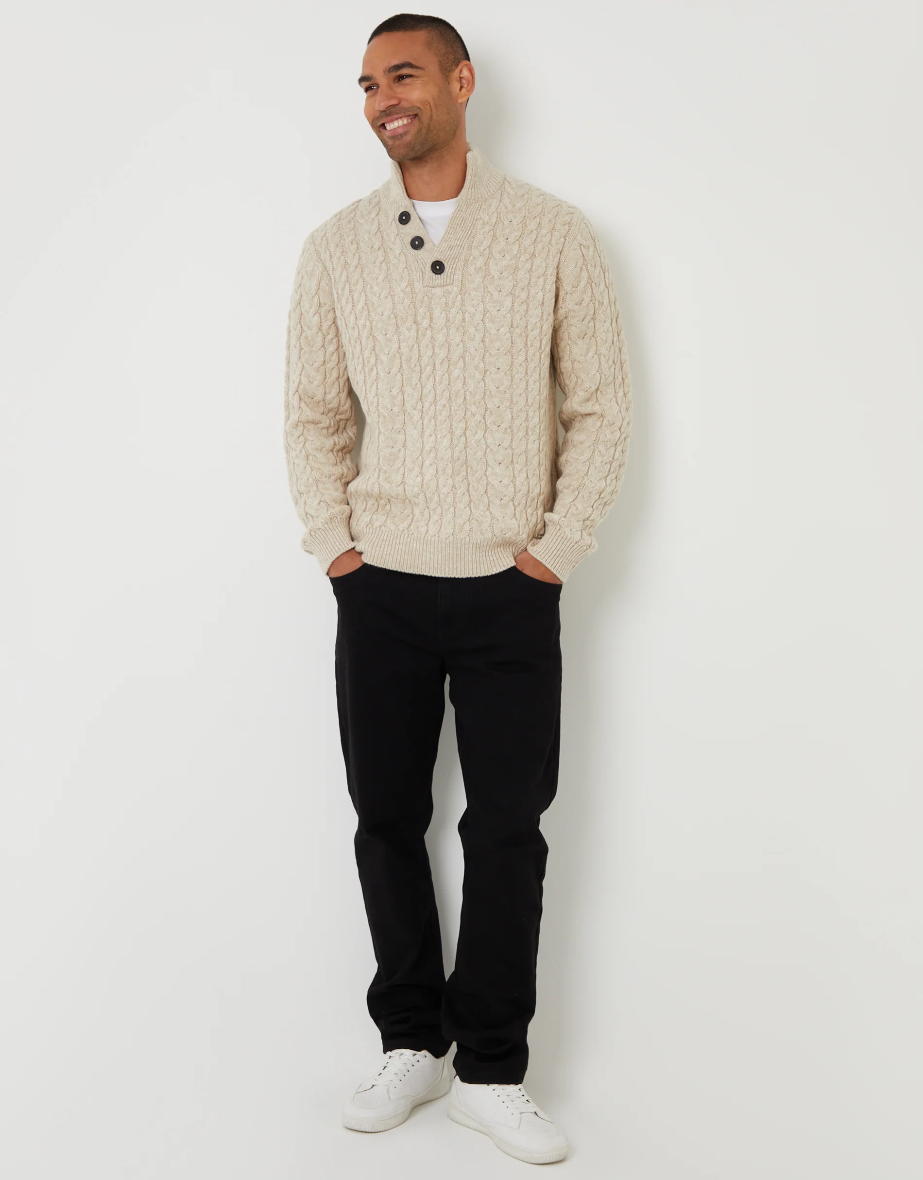 Funnel Neck Cable Knit Jumper in Stone Twist - Image 3