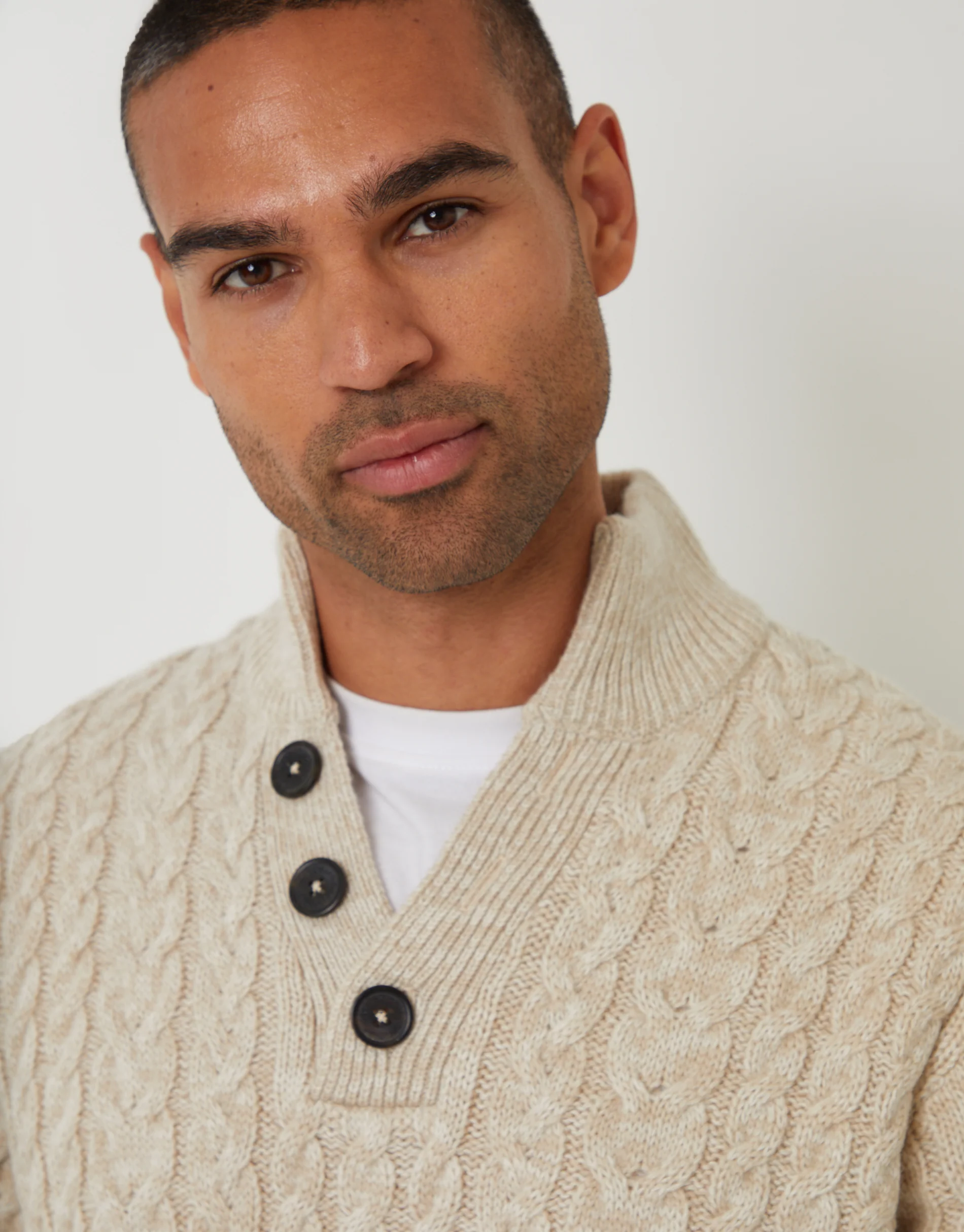 Funnel Neck Cable Knit Jumper in Stone Twist - Image 4