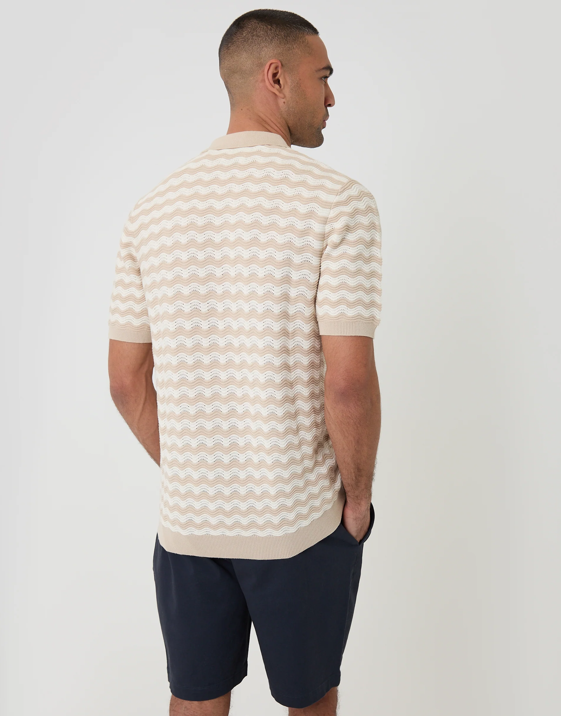 Wavy Textured Knitted Polo in Stone Stripe - Image 2