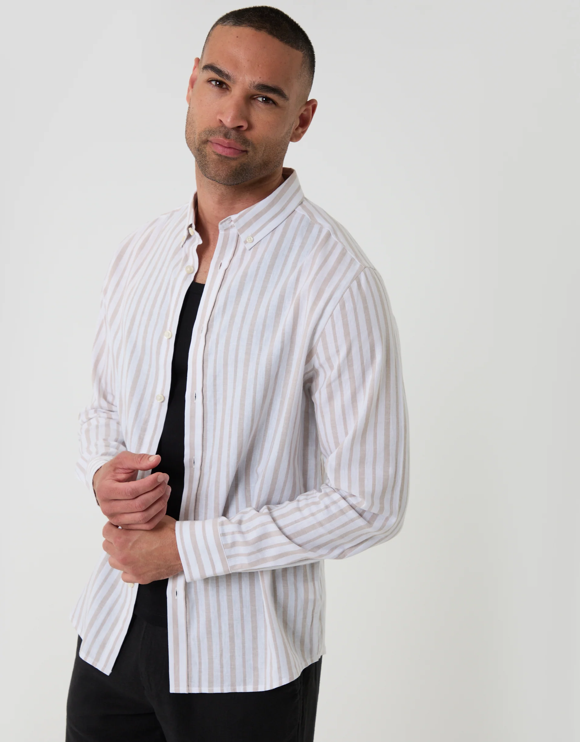 Wide Linen Cotton Blend Long Sleeve Shirt in Stone Stripe