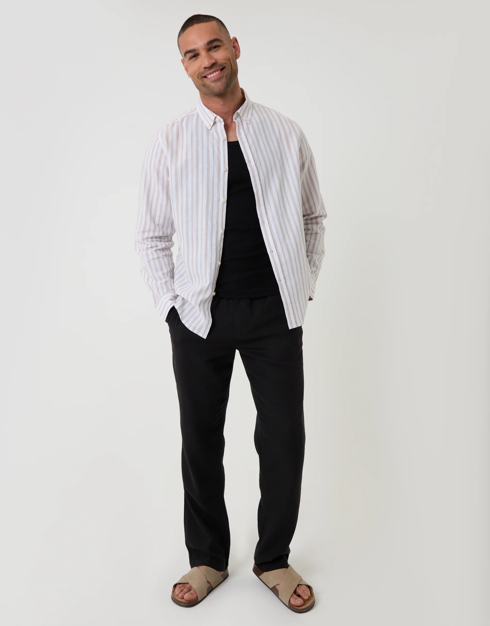 Wide Linen Cotton Blend Long Sleeve Shirt in Stone Stripe - Image 3