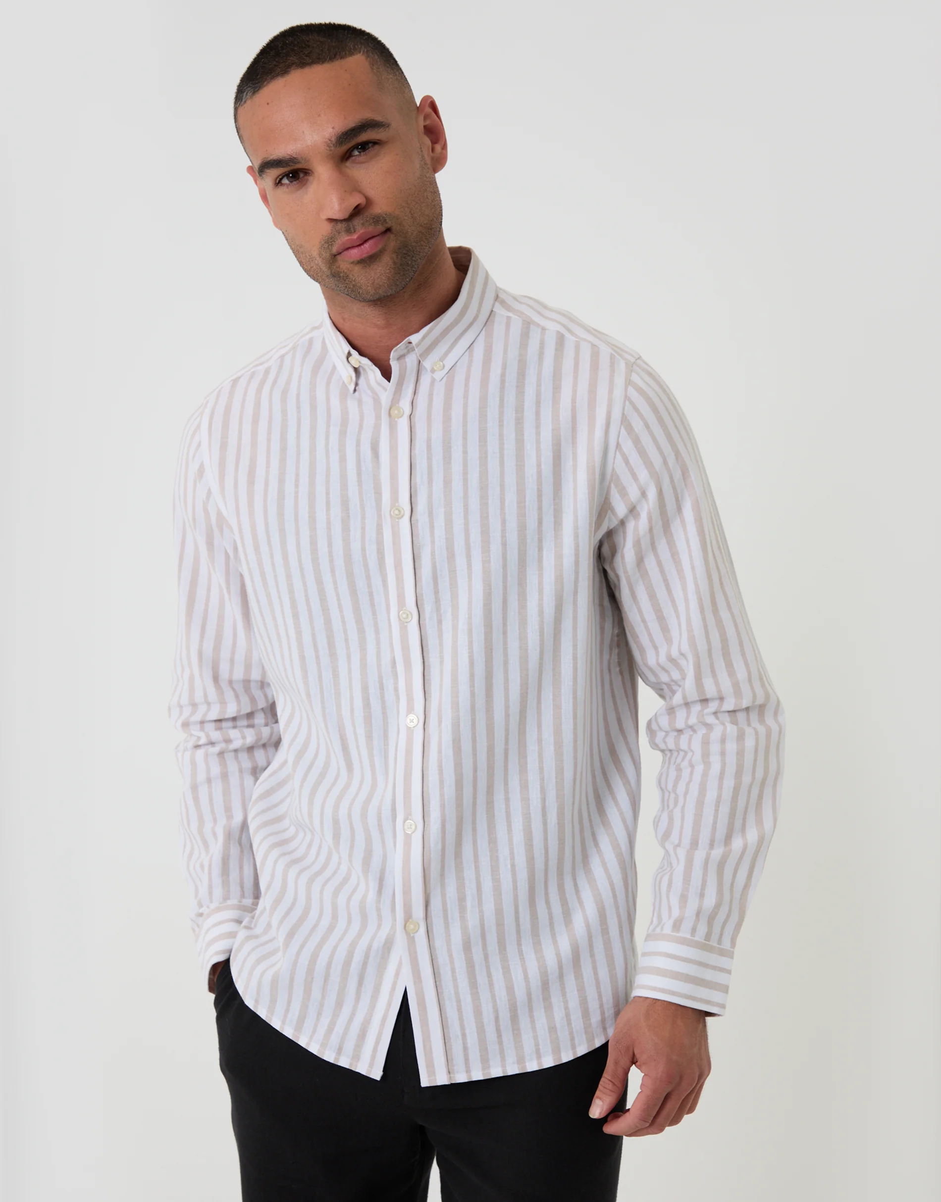 Wide Linen Cotton Blend Long Sleeve Shirt in Stone Stripe - Image 4